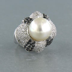 Cocktail Ring with pearl and diamonds up to 1.50ct 14k white gold 10.5 grams