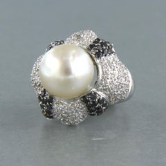 Bague de cocktail avec perle et diamants jusqu'à 1,50ct Or blanc 14k 10,5 grammes