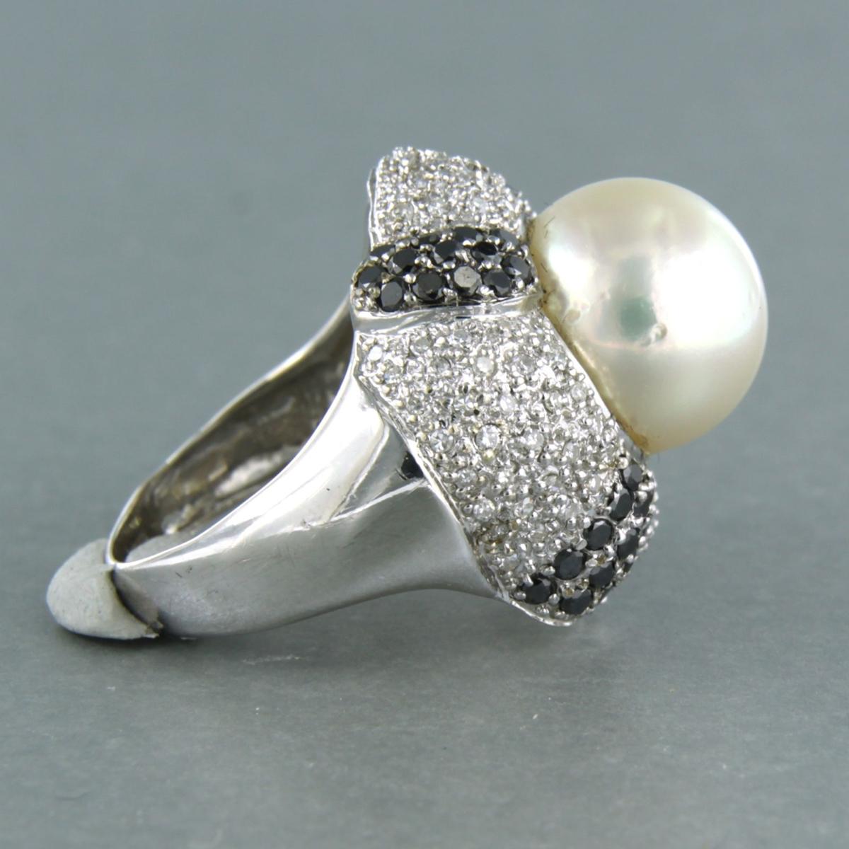 Anillo de cóctel con perla y diamantes de hasta 1,50 ct Oro blanco de 14k 10,5 gramos Moderno en venta