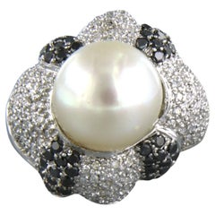 Cocktail Ring with pearl and diamonds up to 1.50ct 14k white gold 10.5 grams