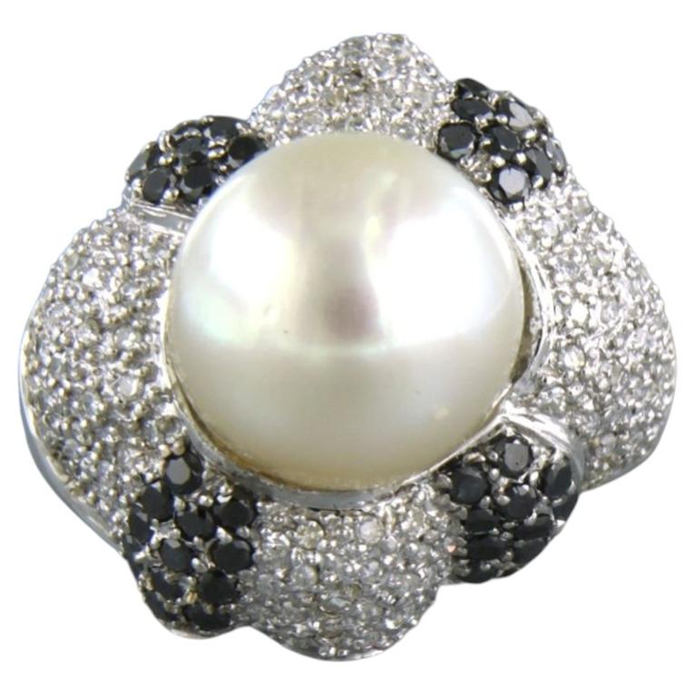 Cocktail Ring with pearl and diamonds up to 1.50ct 14k white gold 10.5 grams