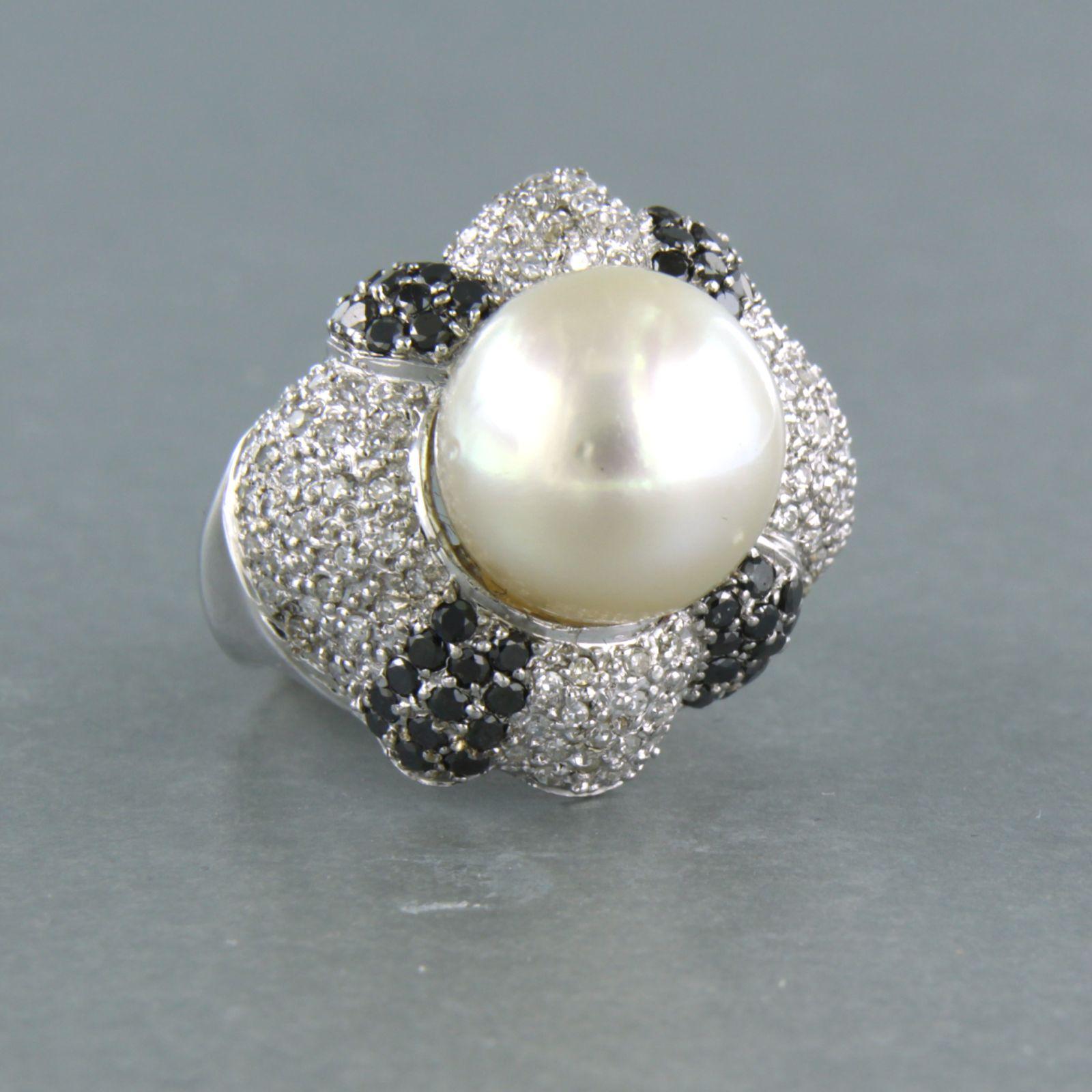 Modern Cocktail Ring with pearl and diamonds up to 1.50ct 14k white gold For Sale