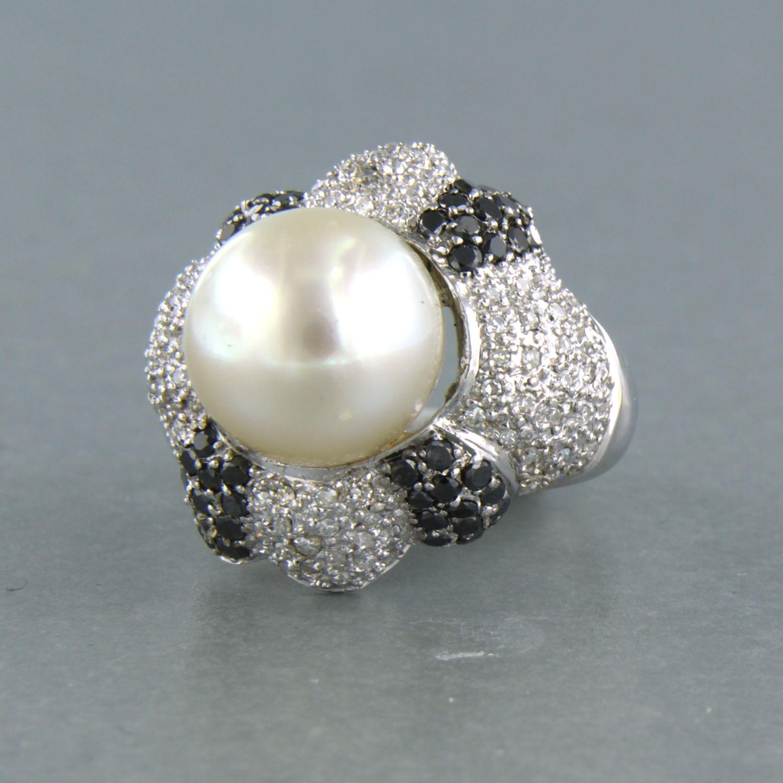 Single Cut Cocktail Ring with pearl and diamonds up to 1.50ct 14k white gold For Sale