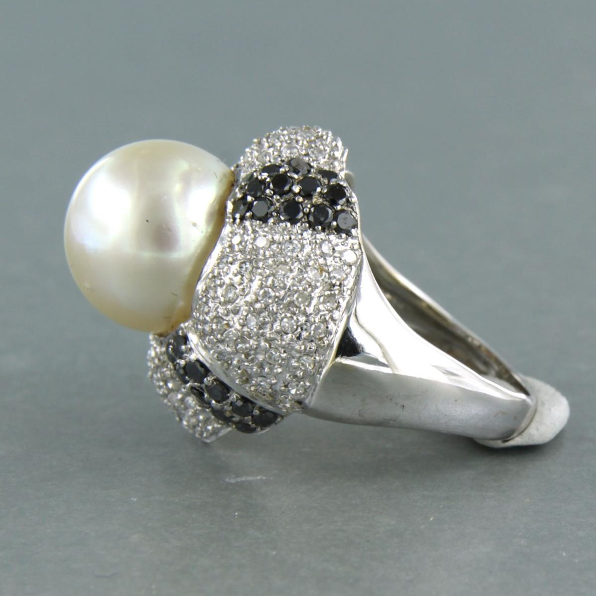 Women's Cocktail Ring with pearl and diamonds up to 1.50ct 14k white gold For Sale