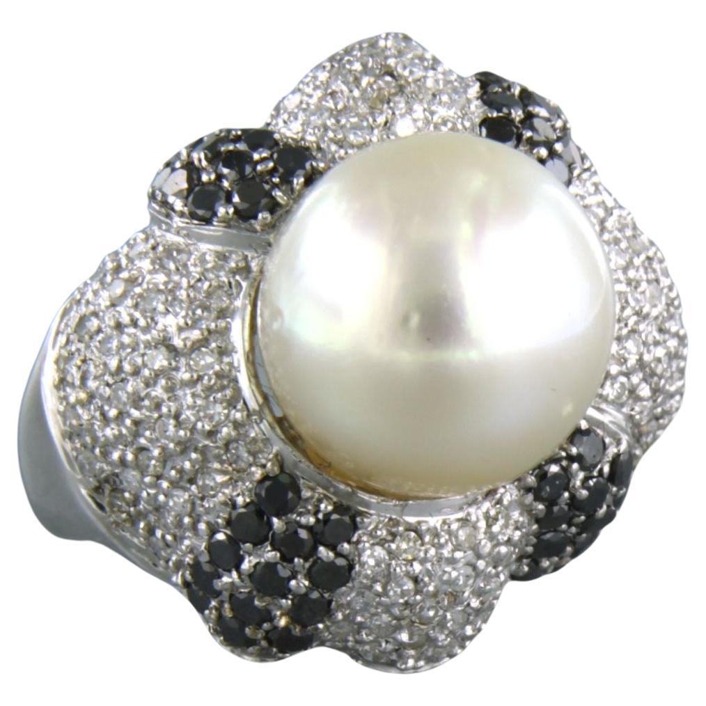 Anillo de cóctel con perla y diamantes de hasta 1,50 ct de oro blanco de 14k