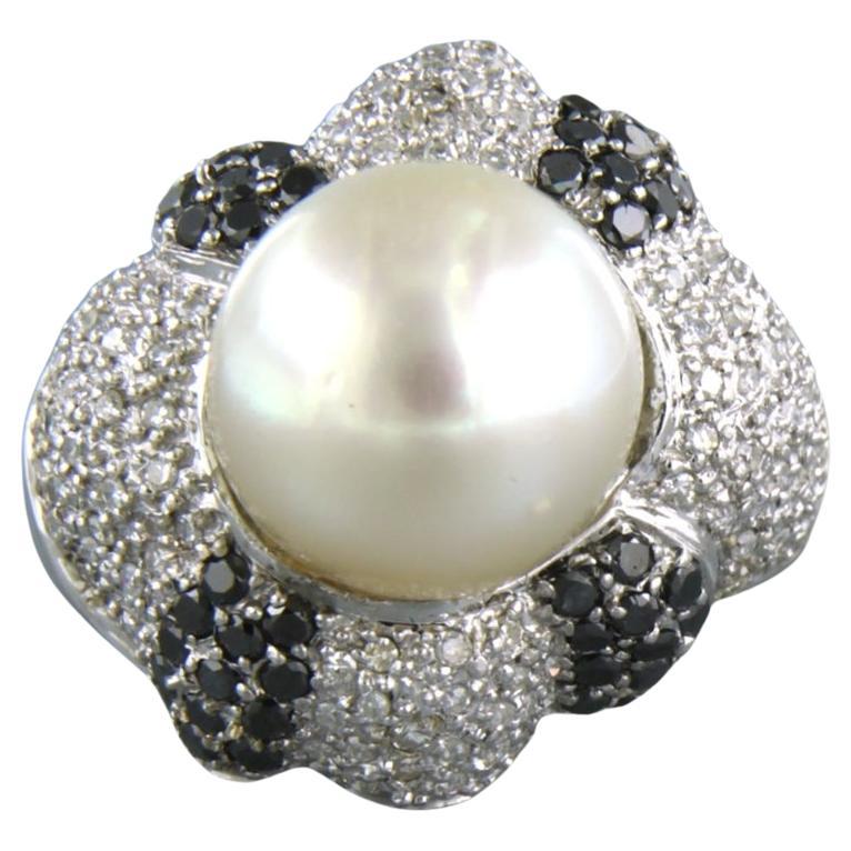 Cocktail Ring with pearl and diamonds up to 1.50ct 14k white gold