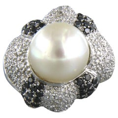 Cocktail Ring with pearl and diamonds up to 1.50ct 14k white gold