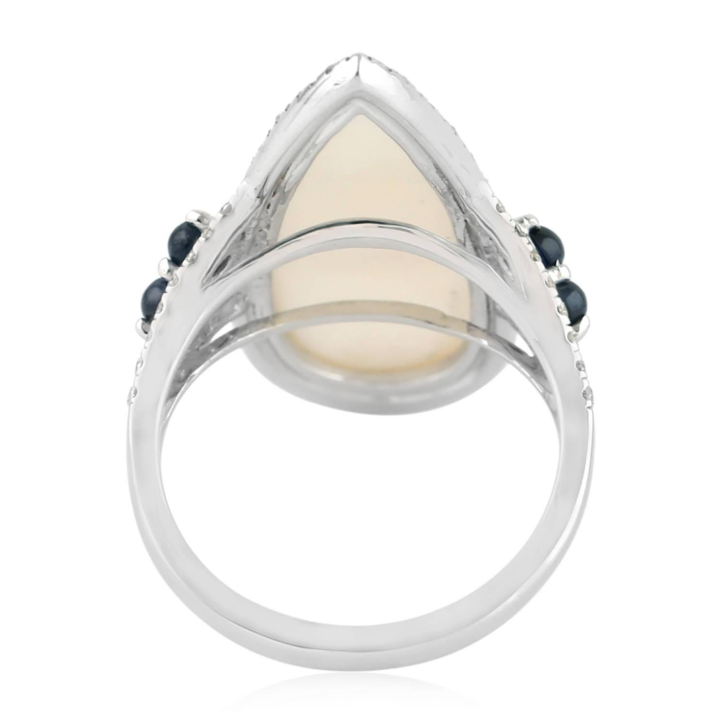 Art Deco Cocktail Ring with Pearl & Sapphire Surrounded by Pave Diamonds Made in 18k Gold For Sale