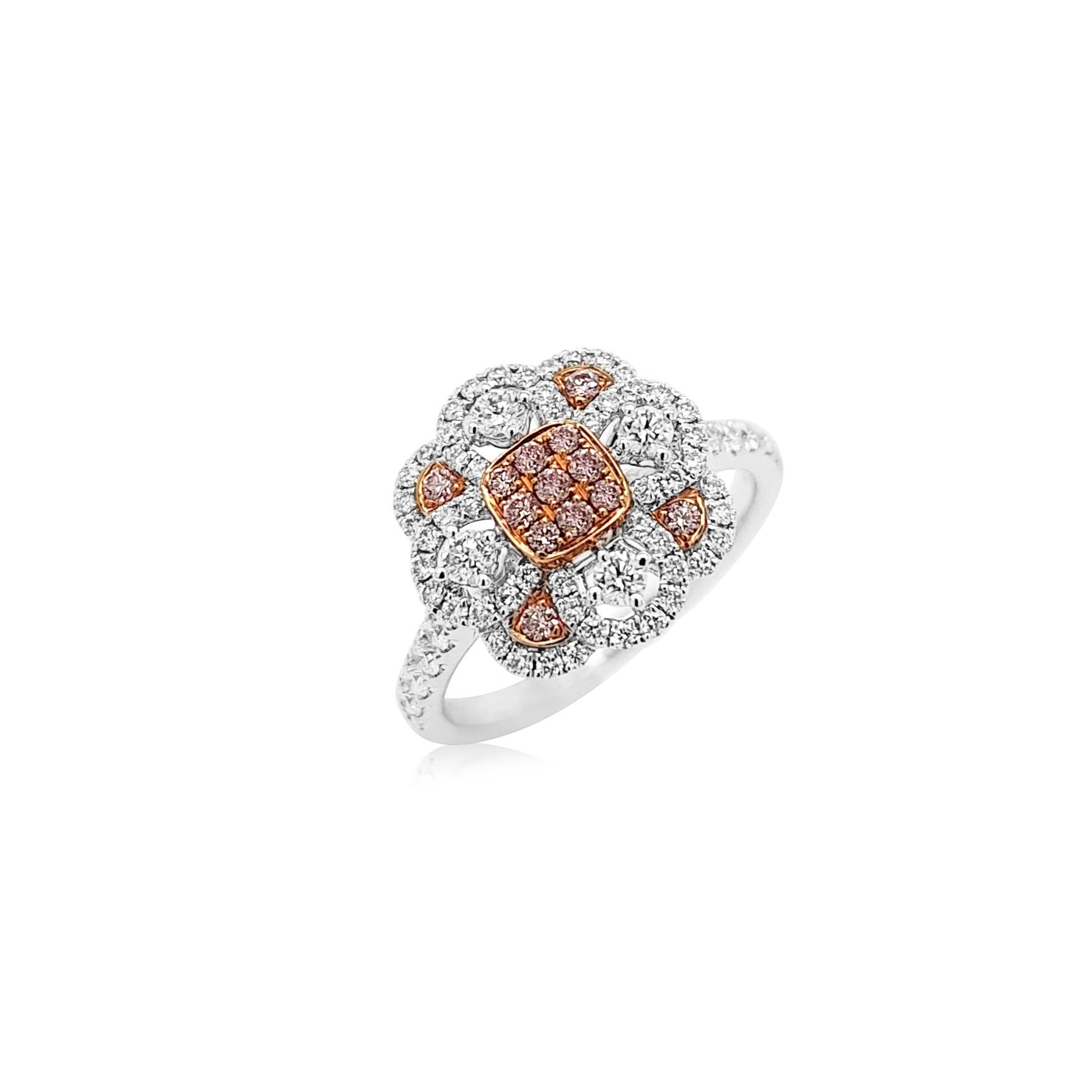 Round Cut Cocktail ring with Rare Pink diamonds and white diamonds, made in platinum For Sale