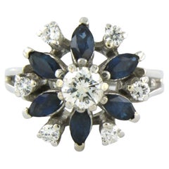 Bague de cocktail avec saphir et diamants taille brillant jusqu'à 0,56ct or 14k