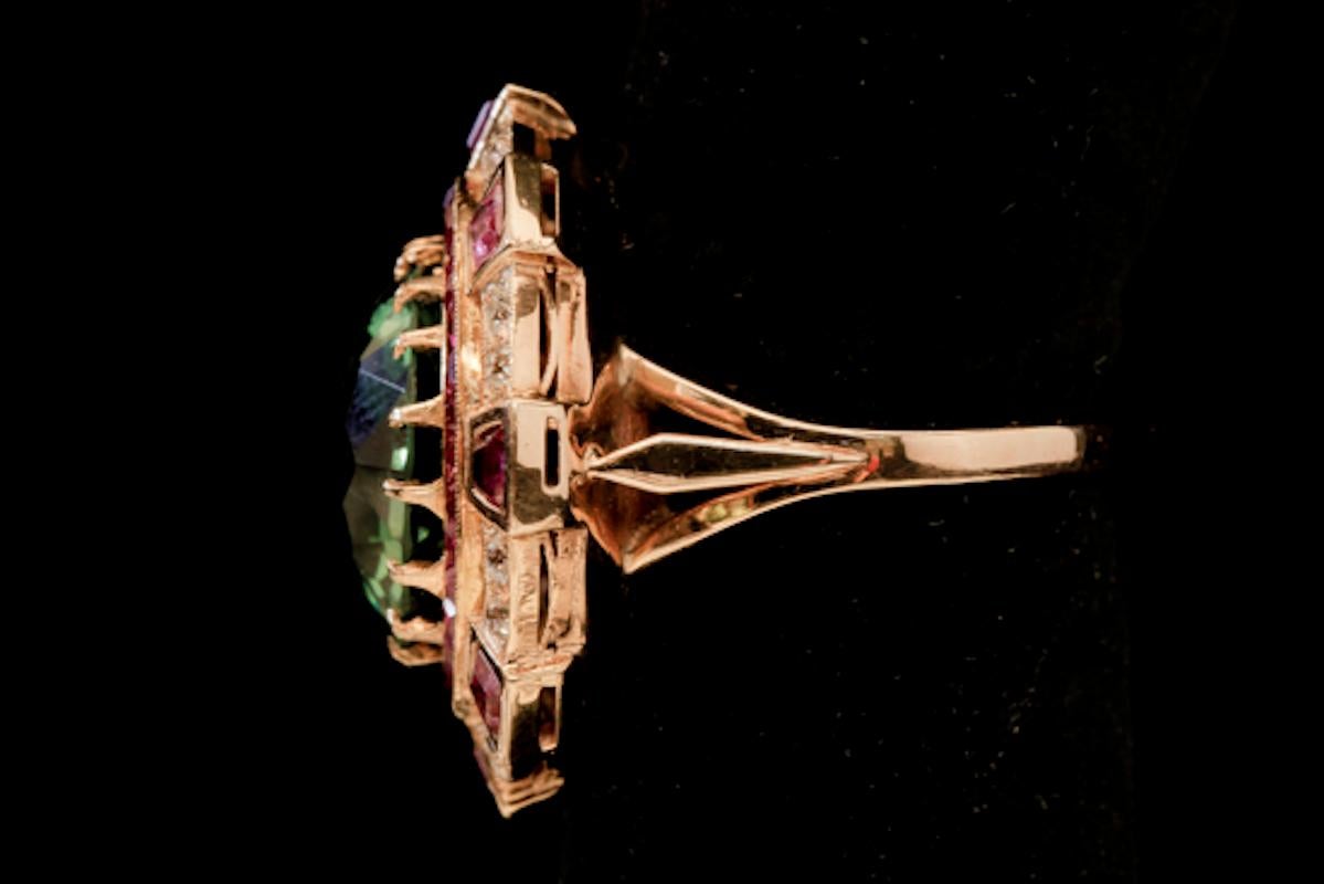 Round Cut Tourmaline Ring with Rubies and Diamonds-18 Karat Yellow Gold, c. 1940's