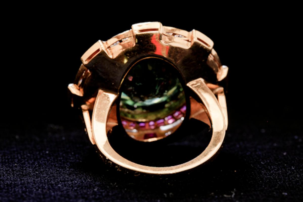 Tourmaline Ring with Rubies and Diamonds-18 Karat Yellow Gold, c. 1940's 1