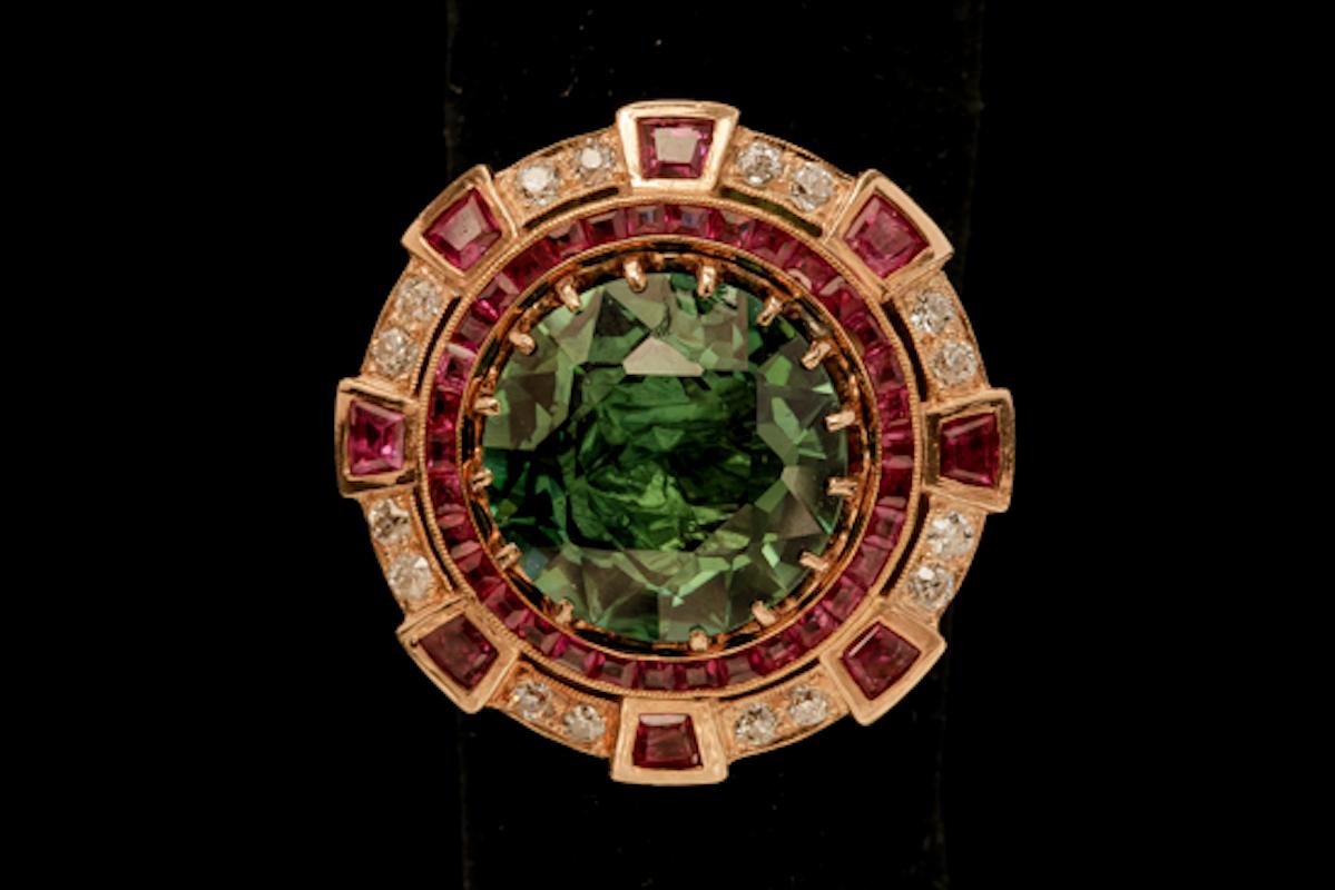 Tourmaline Ring with Rubies and Diamonds-18 Karat Yellow Gold, c. 1940's 2