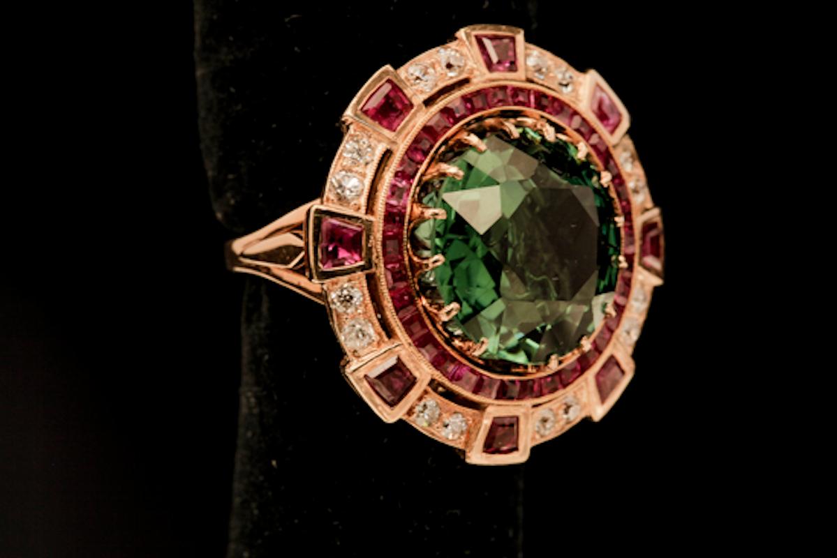 Tourmaline Ring with Rubies and Diamonds-18 Karat Yellow Gold, c. 1940's 3