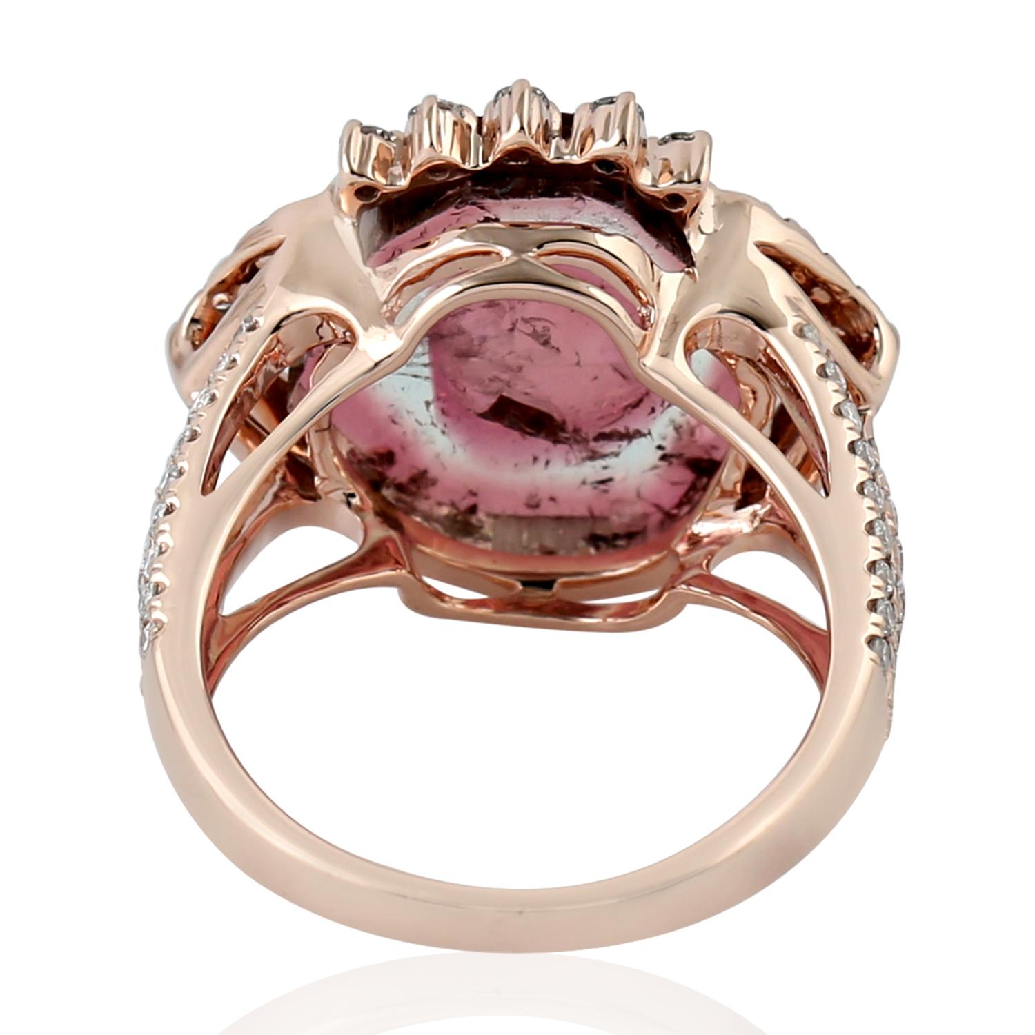 Art Deco Cocktail Ring with Tourmaline Surrounded by Pave Diamonds Made in 18k Gold For Sale