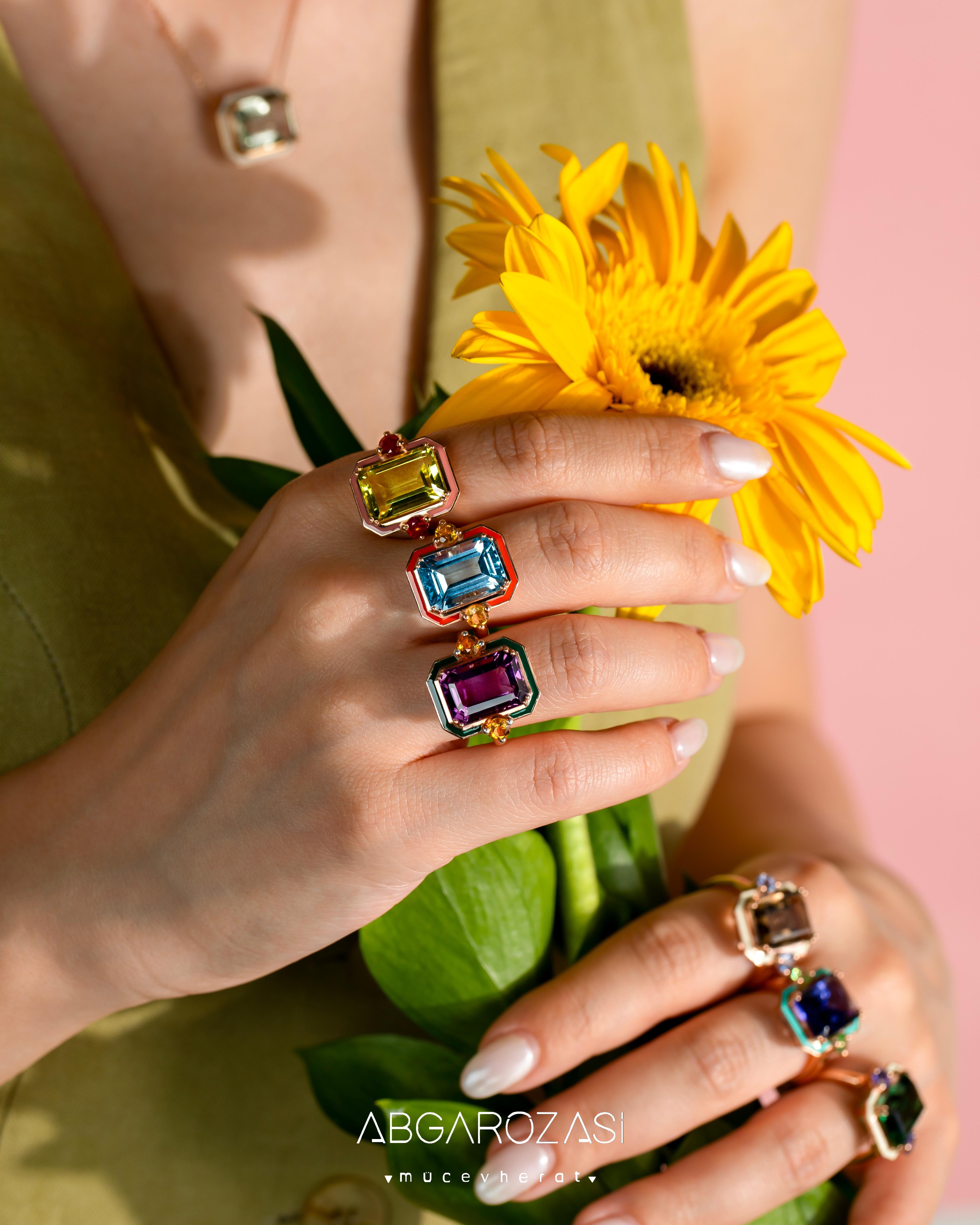 Anillos de Cóctel, Anillo de Cuarzo Limón y Piedra Topacio, Plata 925 Chapado en Oro Rosa en Nuevo estado para la venta en ISTANBUL, TR