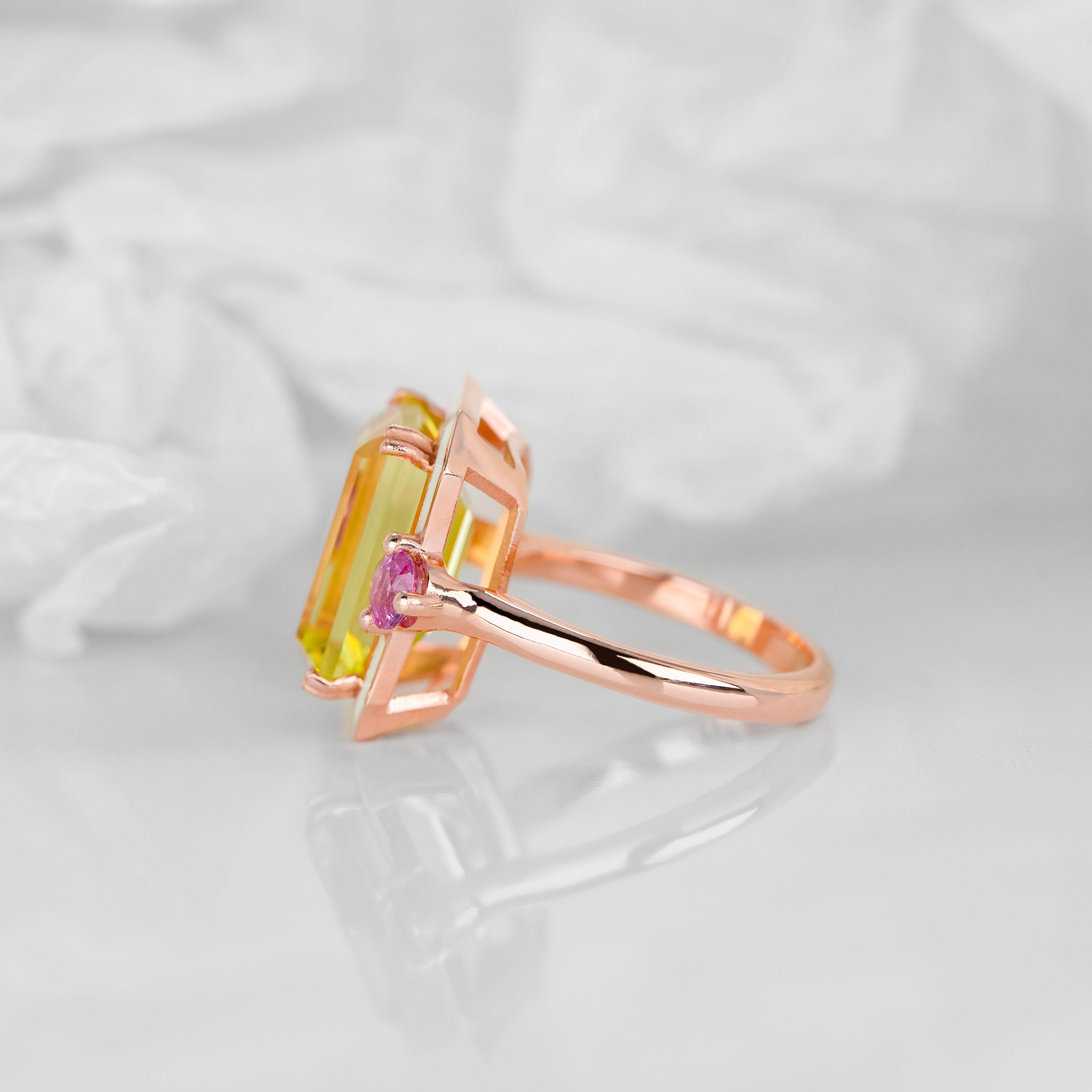 Anillos de Cóctel, Anillo de Cuarzo Limón y Piedra Topacio, Plata 925 Chapado en Oro Rosa en venta 2