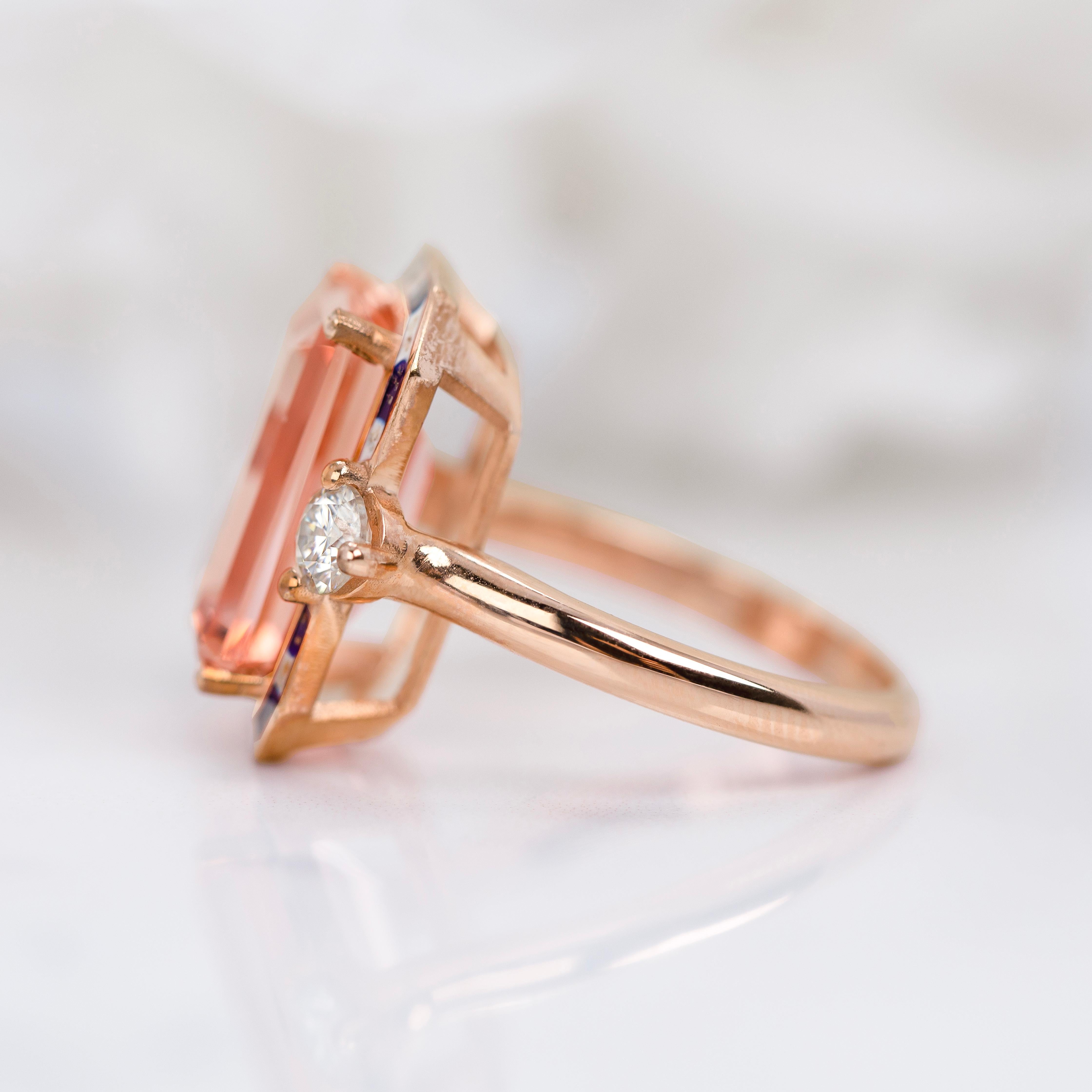 Emerald Cut Cocktail Rings Pink Quartz and Moissanite Stone Ring, 925 silver rose Gold plate For Sale