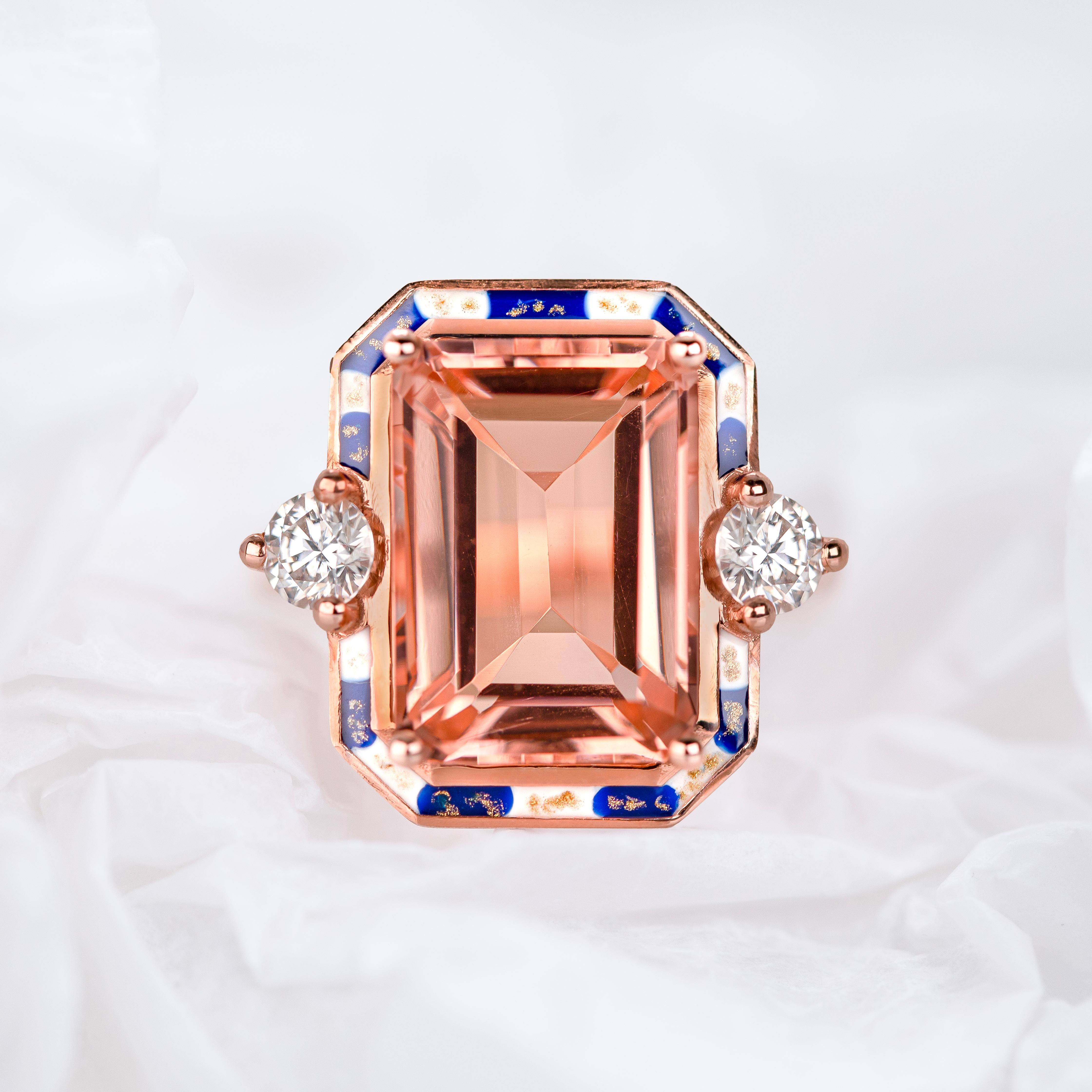 Women's or Men's Cocktail Rings Pink Quartz and Moissanite Stone Ring, 925 silver rose Gold plate For Sale
