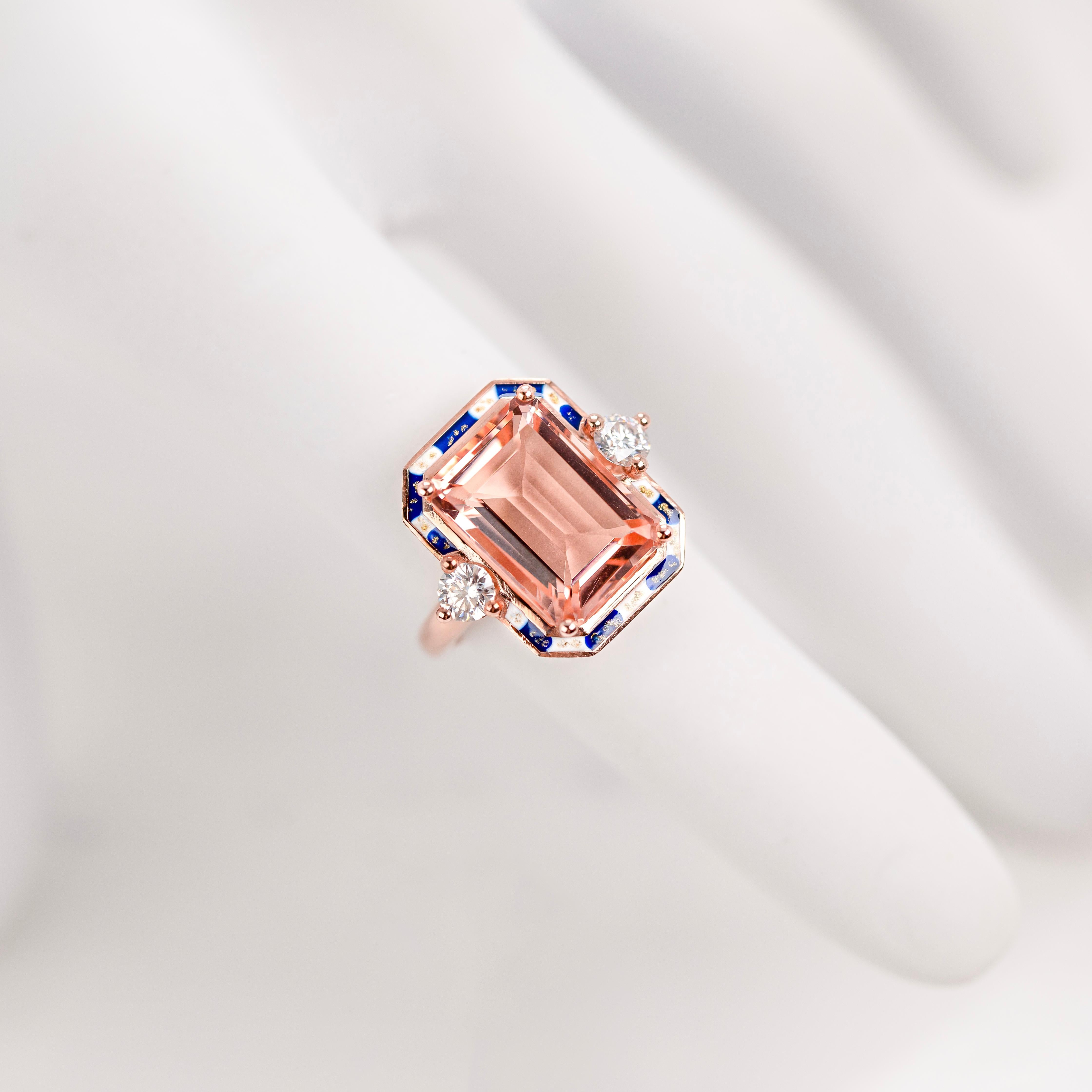 Cocktail Rings Pink Quartz and Moissanite Stone Ring, 925 silver rose Gold plate For Sale 1
