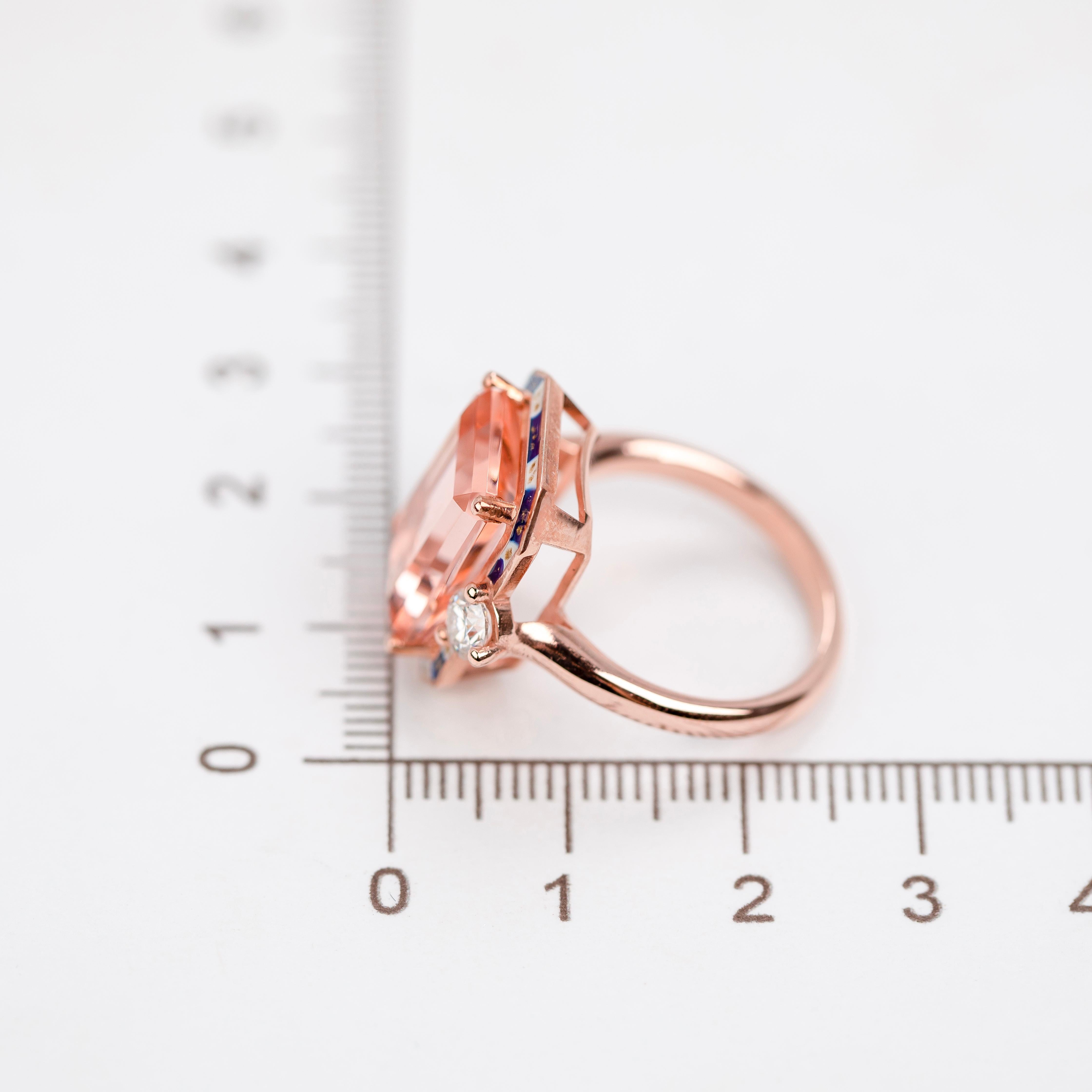 Cocktail Rings Pink Quartz and Moissanite Stone Ring, 925 silver rose Gold plate For Sale 2