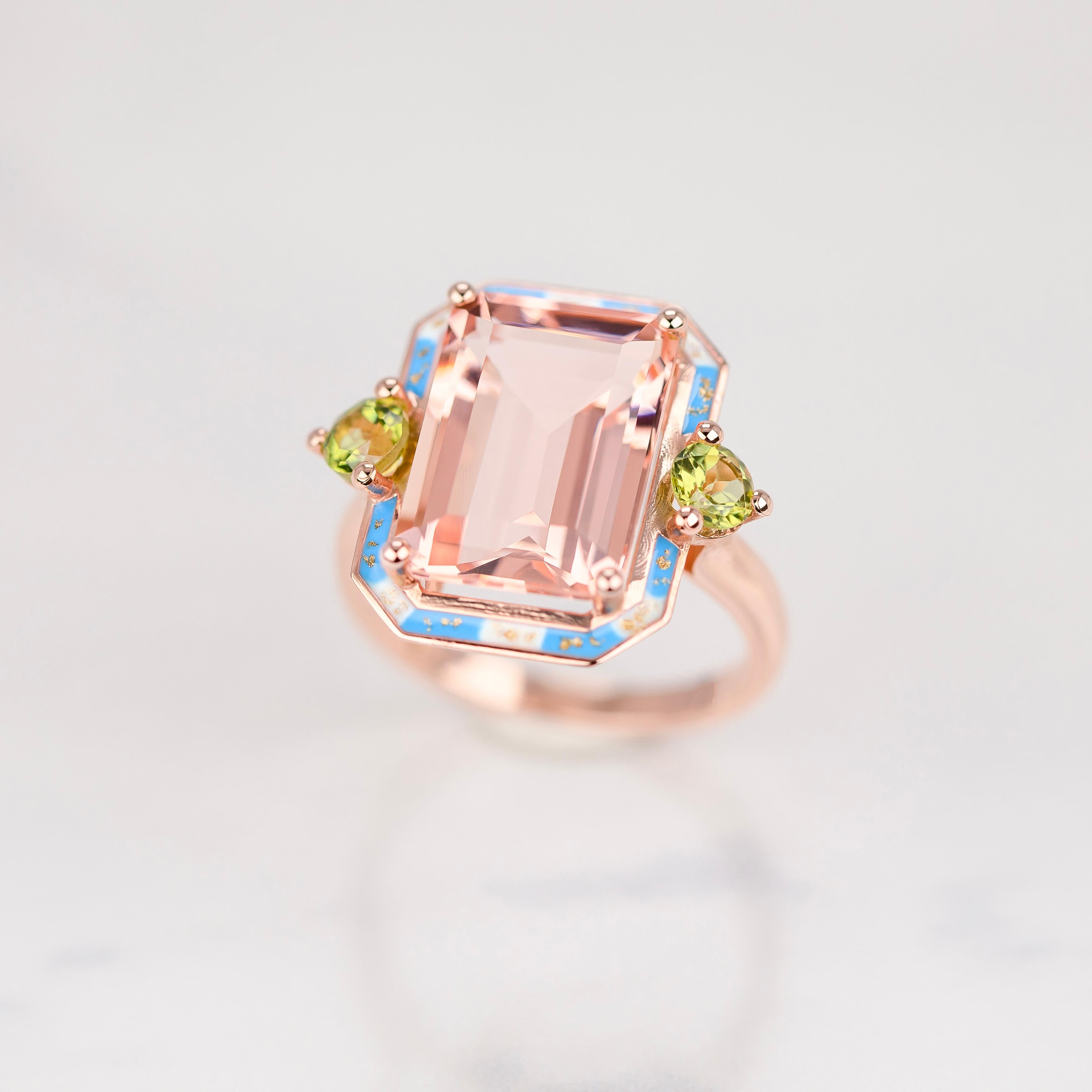 Art Deco Cocktail Rings Pink Quartz and Peridot Stone Ring, 925 silver Rose Gold plated For Sale