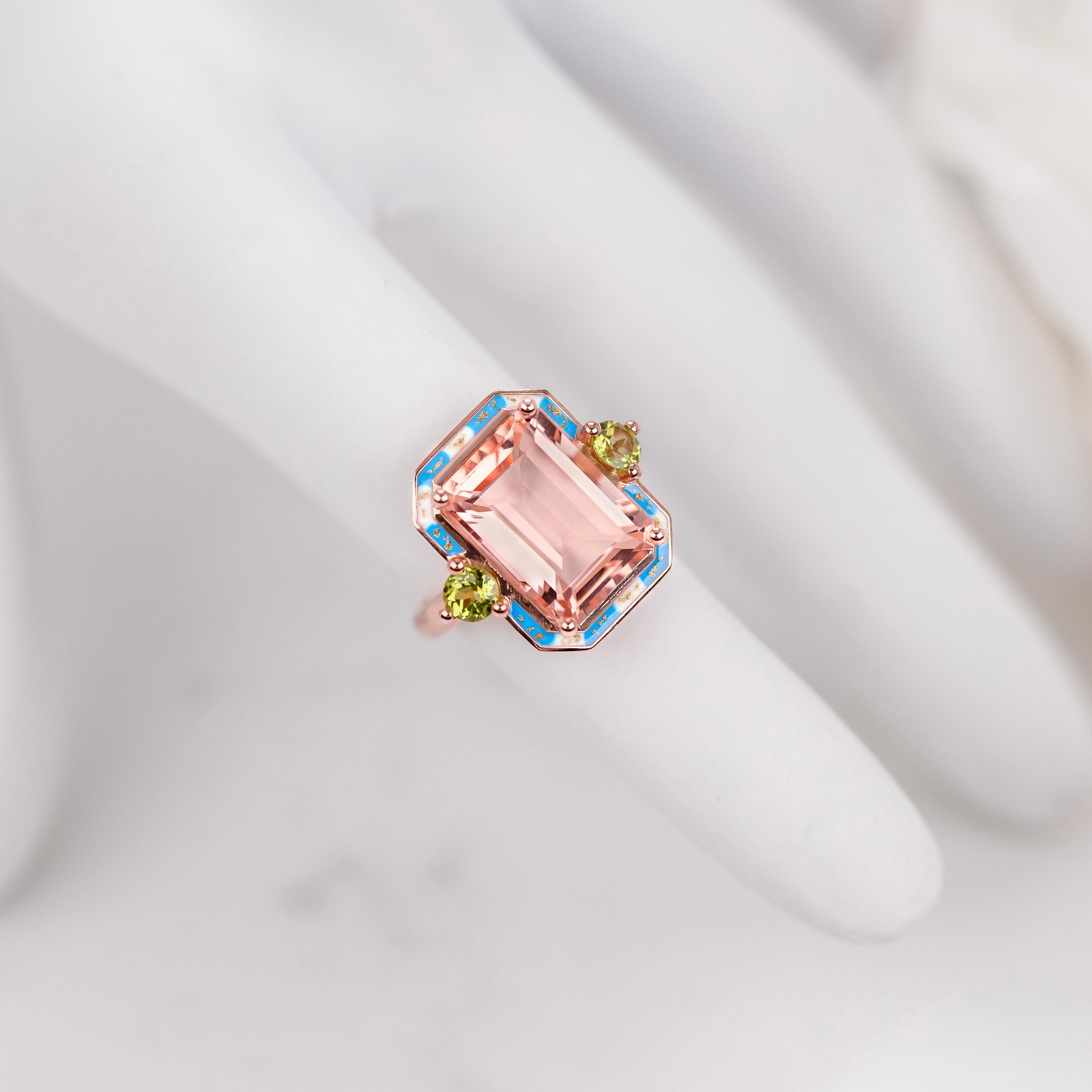 Emerald Cut Cocktail Rings Pink Quartz and Peridot Stone Ring, 925 silver Rose Gold plated For Sale