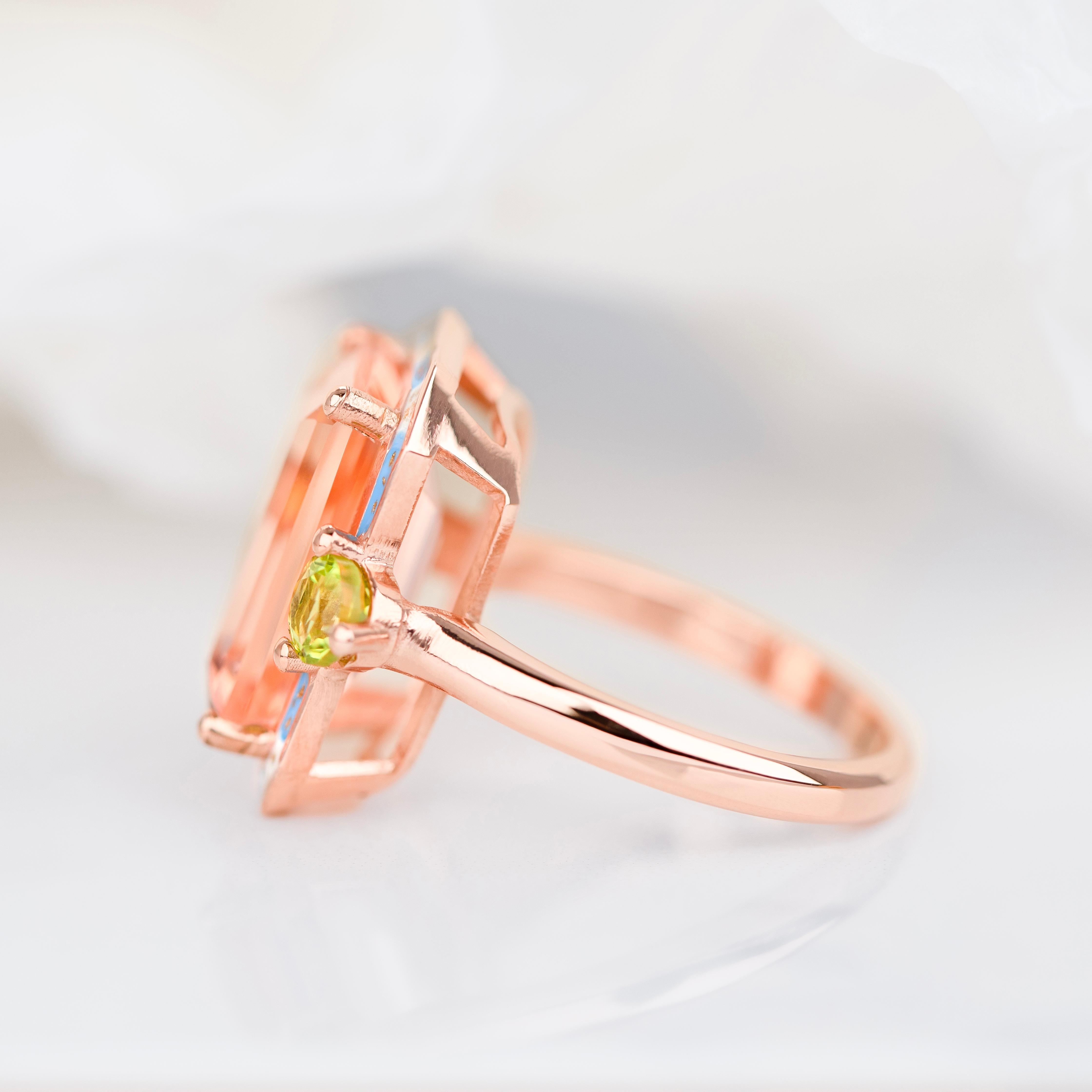 Cocktail Rings Pink Quartz and Peridot Stone Ring, 925 silver Rose Gold plated In New Condition For Sale In ISTANBUL, TR