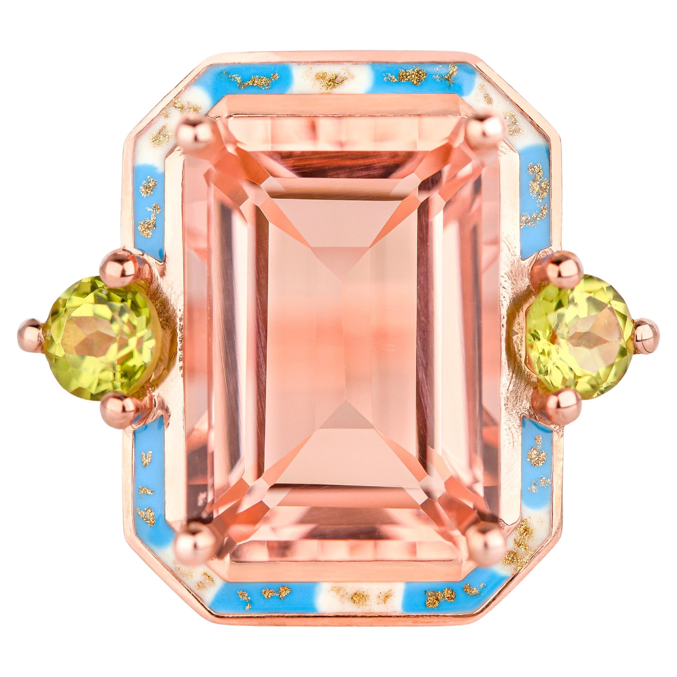 Cocktail Rings Pink Quartz and Peridot Stone Ring, 925 silver Rose Gold plated