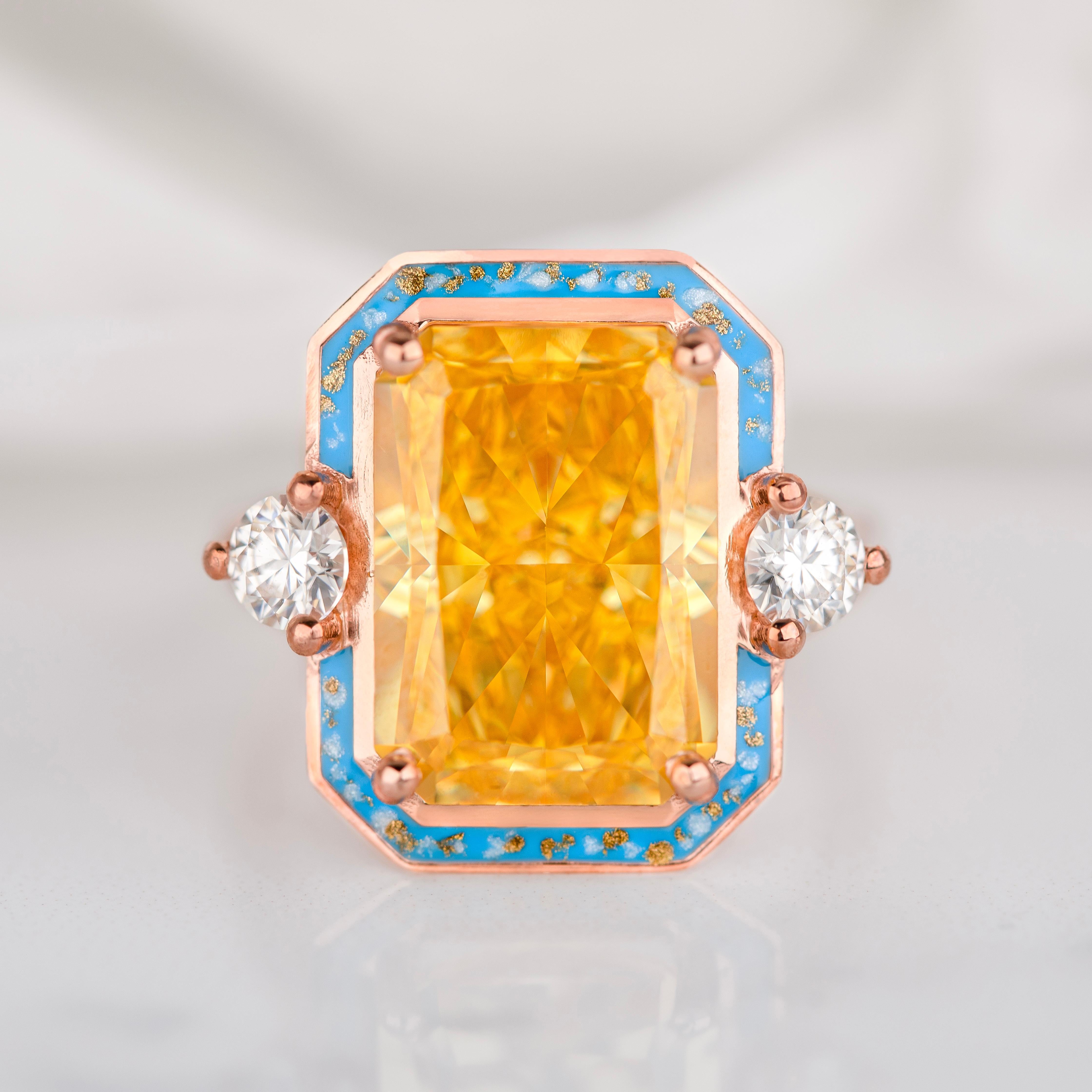 Art Deco Cocktail Rings, Yellow Stone Ring, Statement Ring, 925 Silver Rose Gold Plated For Sale