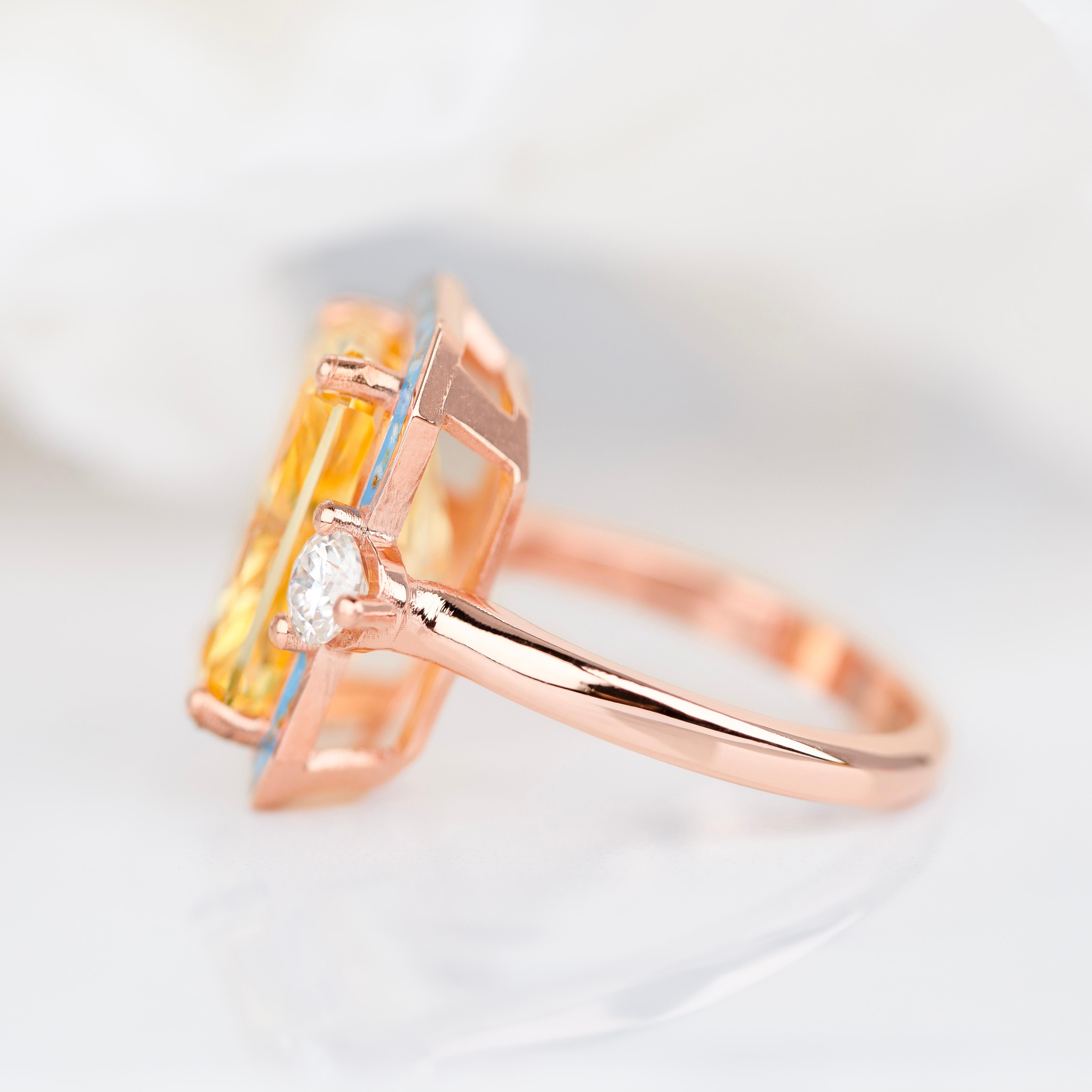 Emerald Cut Cocktail Rings, Yellow Stone Ring, Statement Ring, 925 Silver Rose Gold Plated For Sale