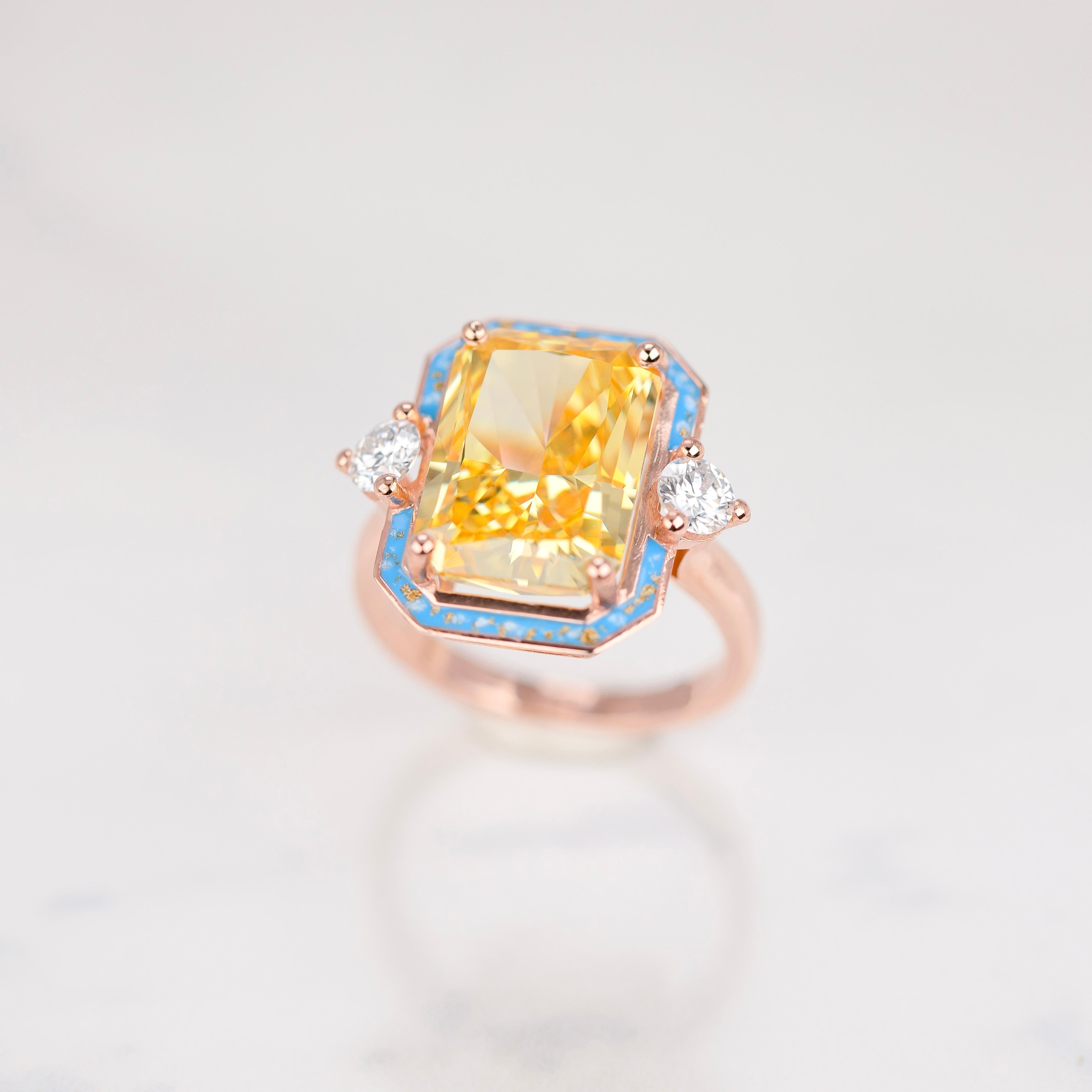 Women's or Men's Cocktail Rings, Yellow Stone Ring, Statement Ring, 925 Silver Rose Gold Plated For Sale