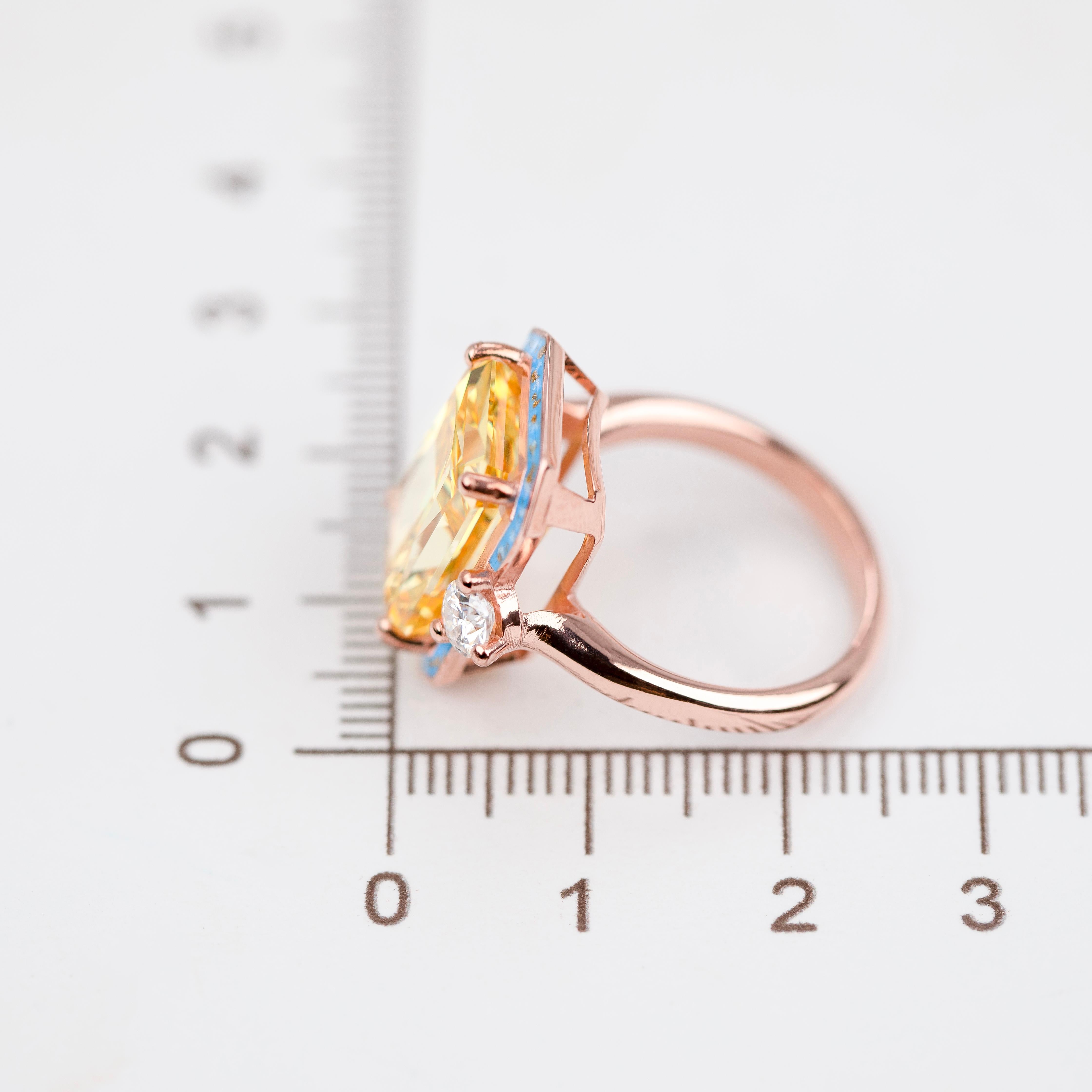 Cocktail Rings, Yellow Stone Ring, Statement Ring, 925 Silver Rose Gold Plated For Sale 1