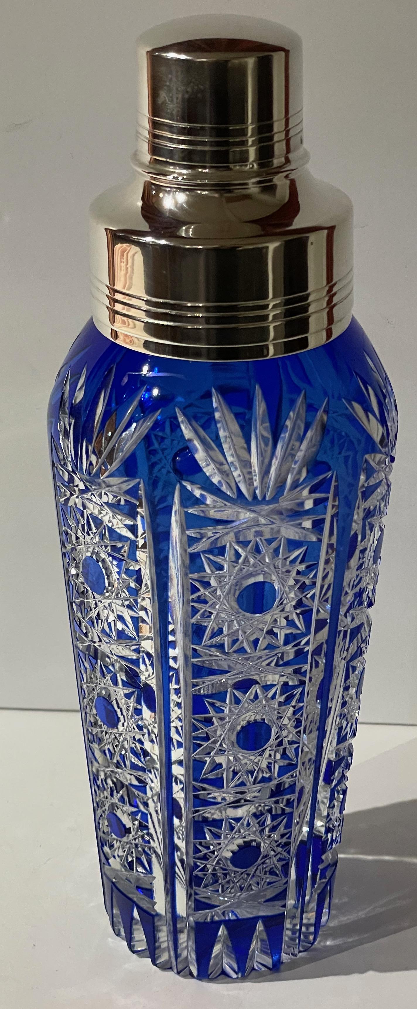 Art Deco Cocktail Shaker Martini Etched Carved Blue Glass Shaker