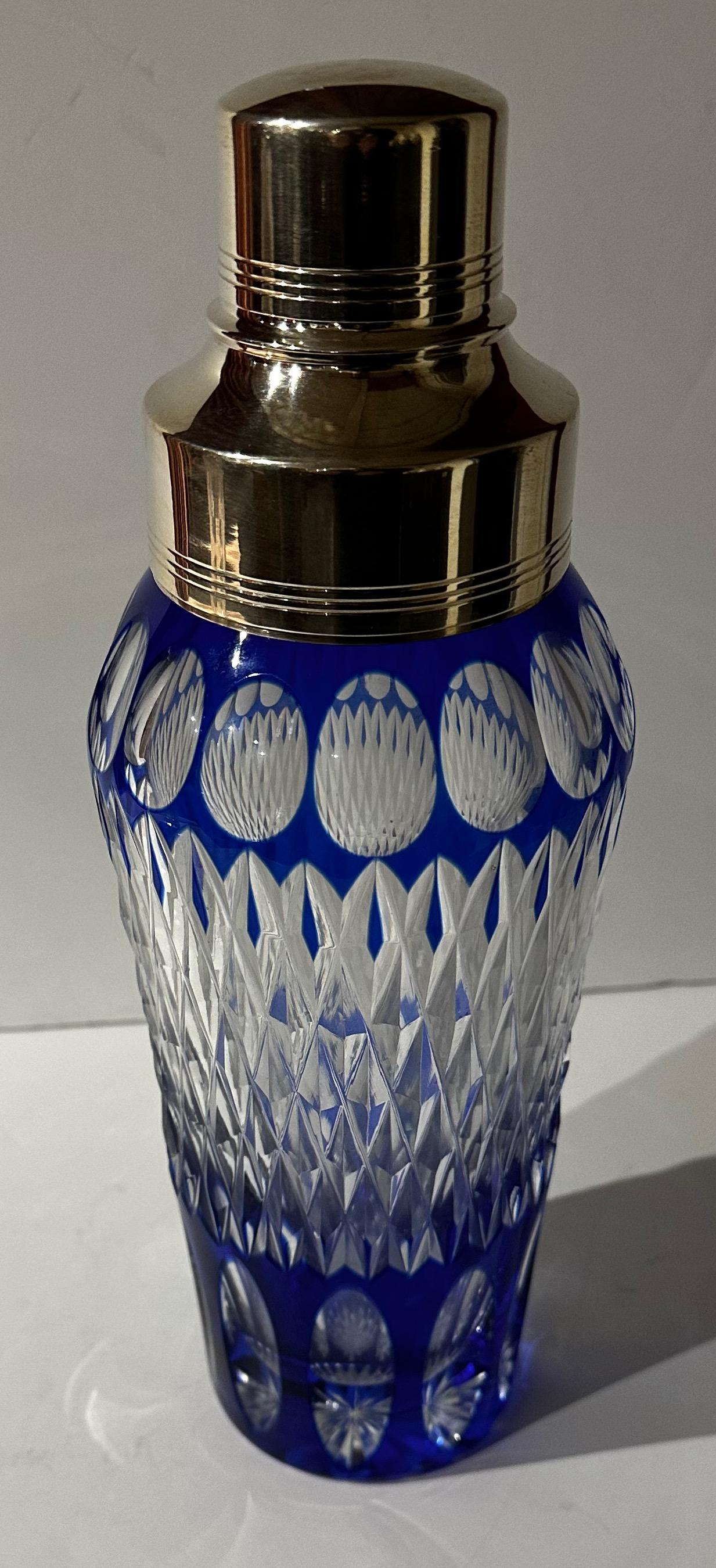Art Deco Cocktail Shaker Martini Etched Carved Blue Glass Shaker For Sale