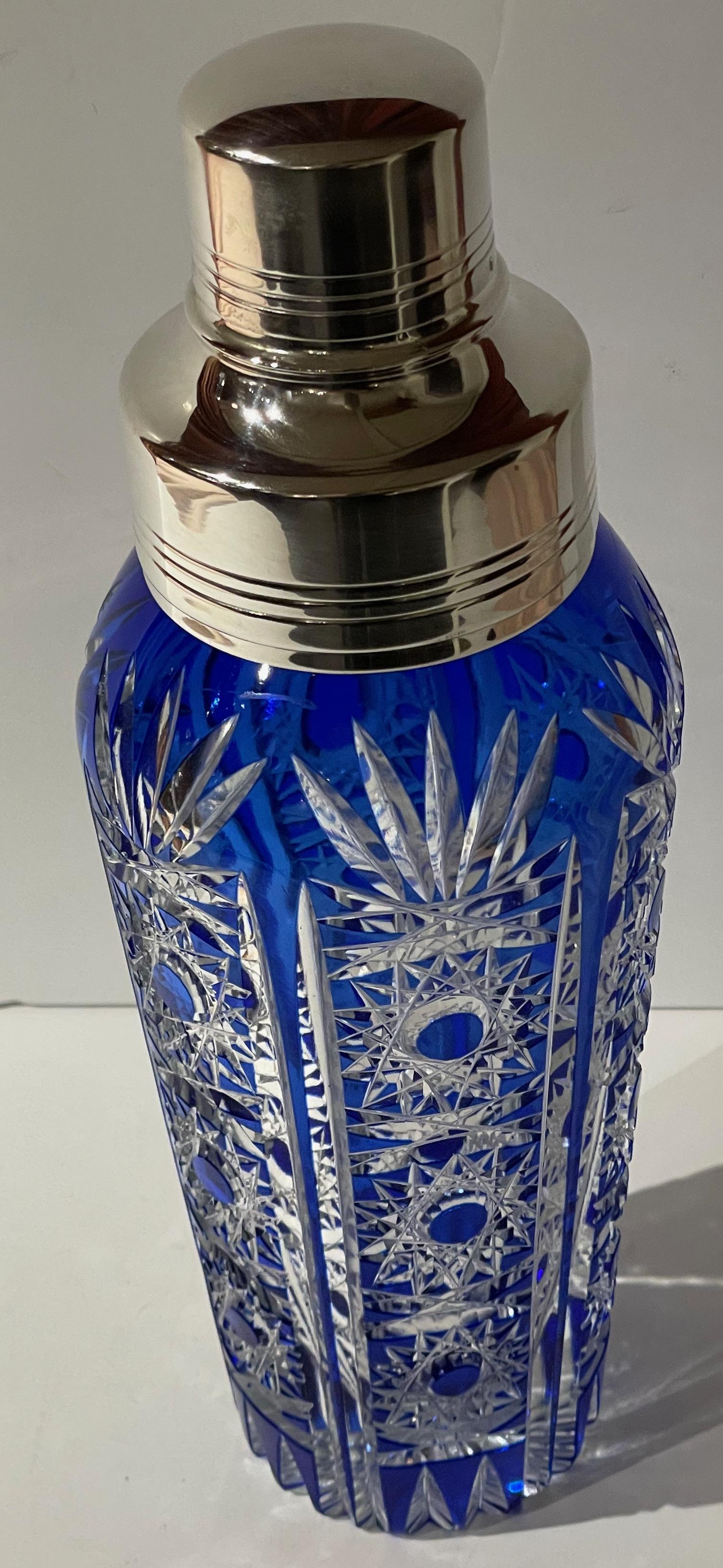 French Cocktail Shaker Martini Etched Carved Blue Glass Shaker