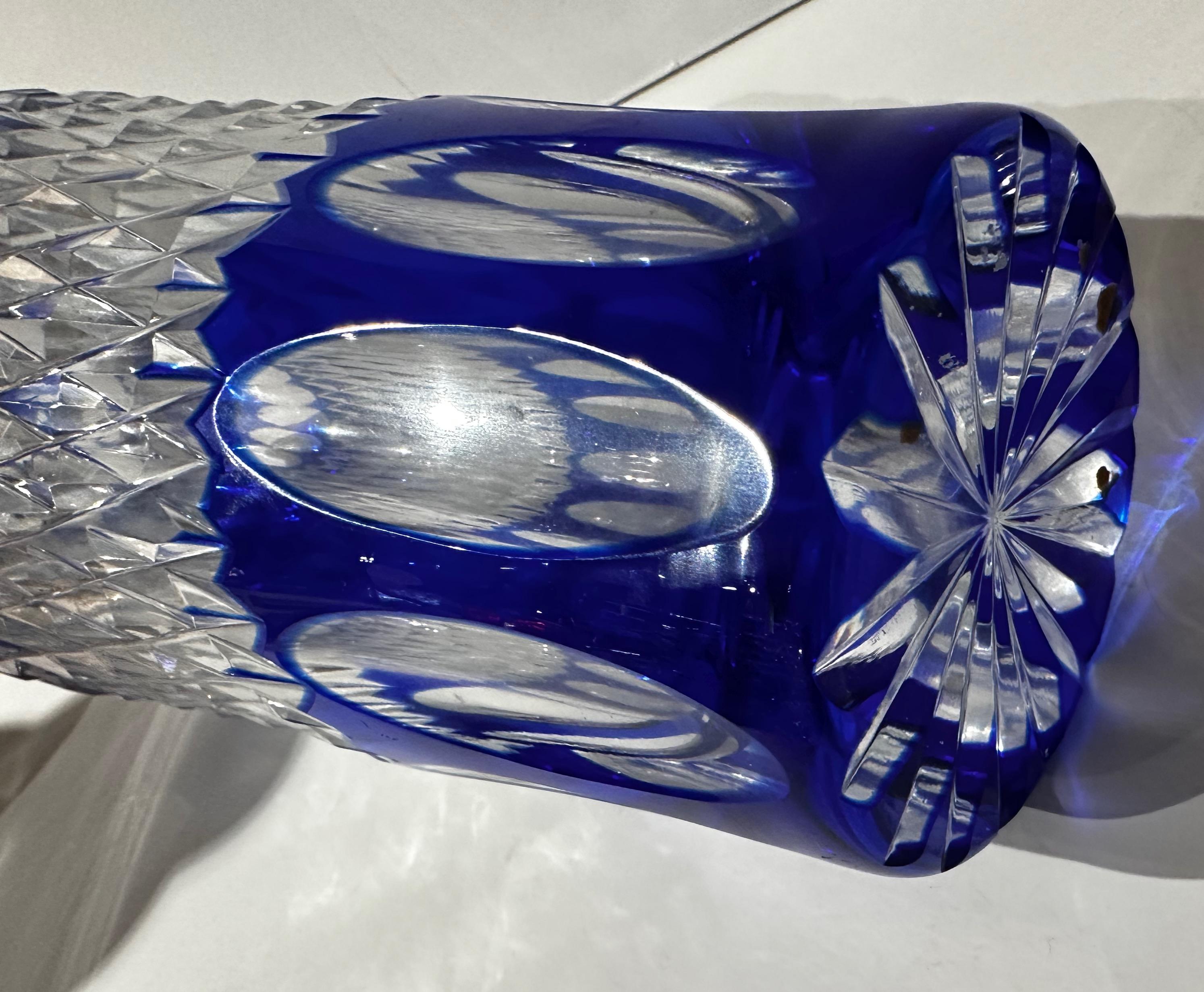 Cocktail Shaker Martini Etched Carved Blue Glass Shaker For Sale 1