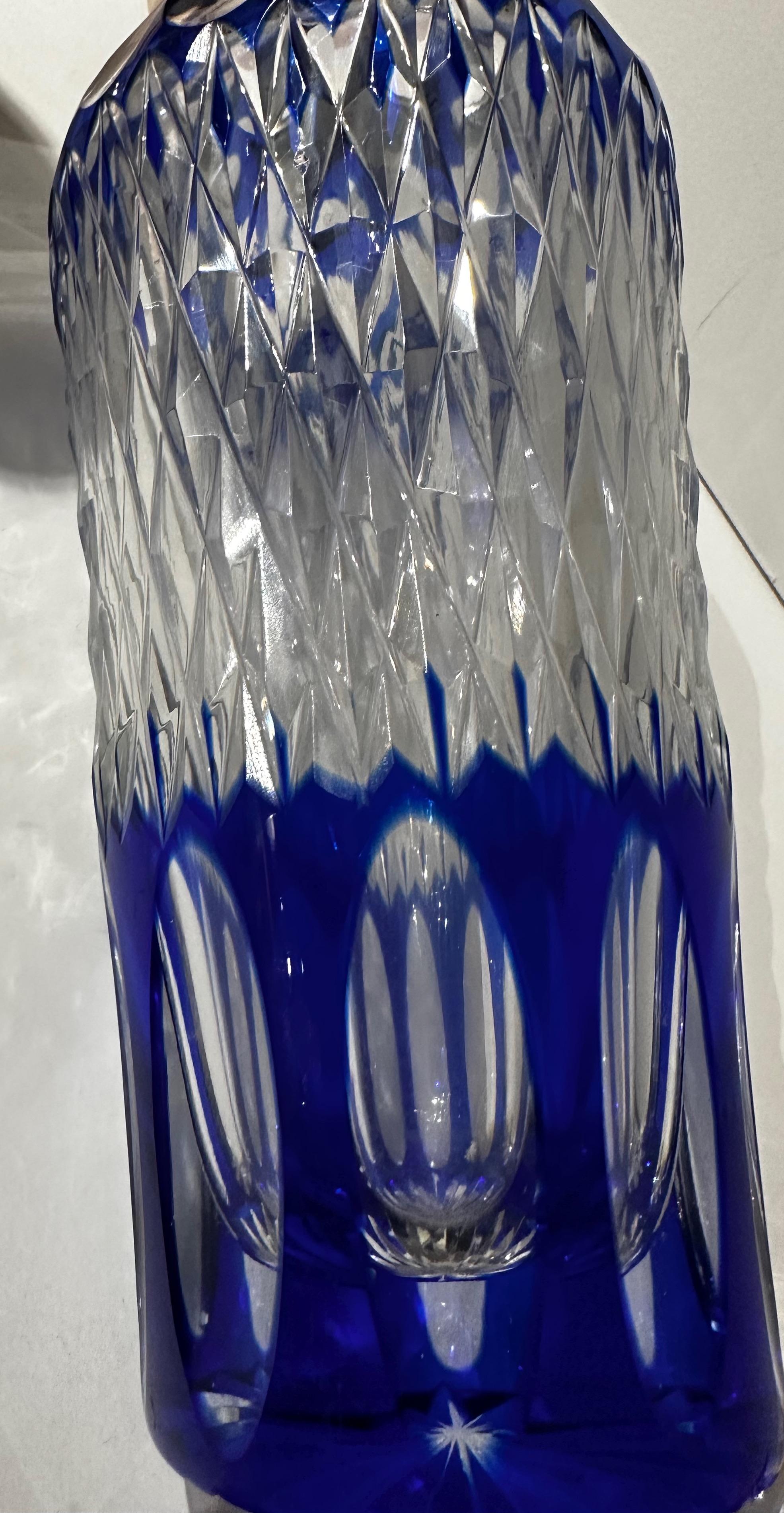 Cocktail Shaker Martini Etched Carved Blue Glass Shaker For Sale 2