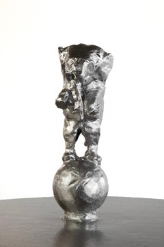 Cocktail Side Table Modern HandShaped Round Silver Palladium Leaf Sculpture