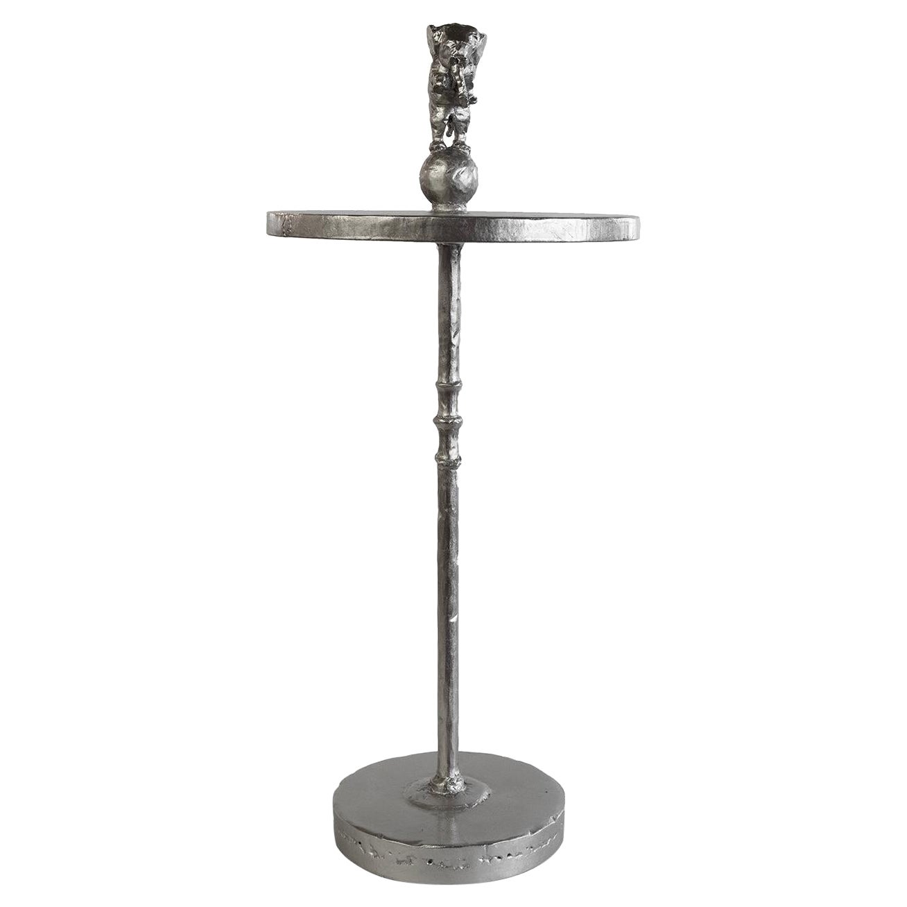 Cocktail Side Table Modern HandShaped Round Silver Palladium Leaf Sculpture