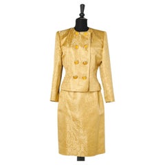 Cocktail skirt suit in yellow silk brocade  Jean-Louis Scherrer 