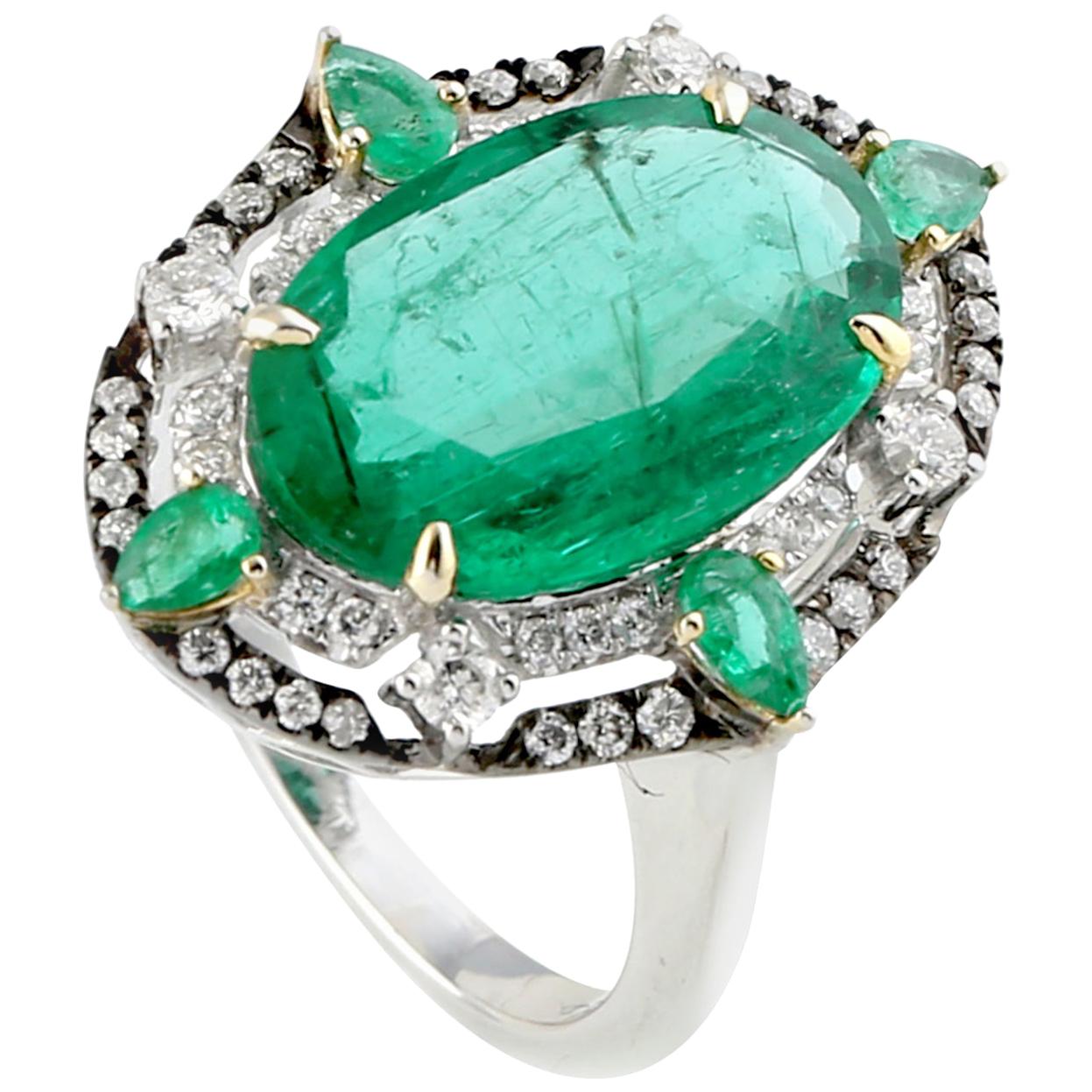 Cocktail Slice Emerald Ring with Diamonds Set in 18 Karat White Gold