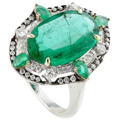 Cocktail Slice Emerald Ring with Diamonds Set in 18 Karat White Gold