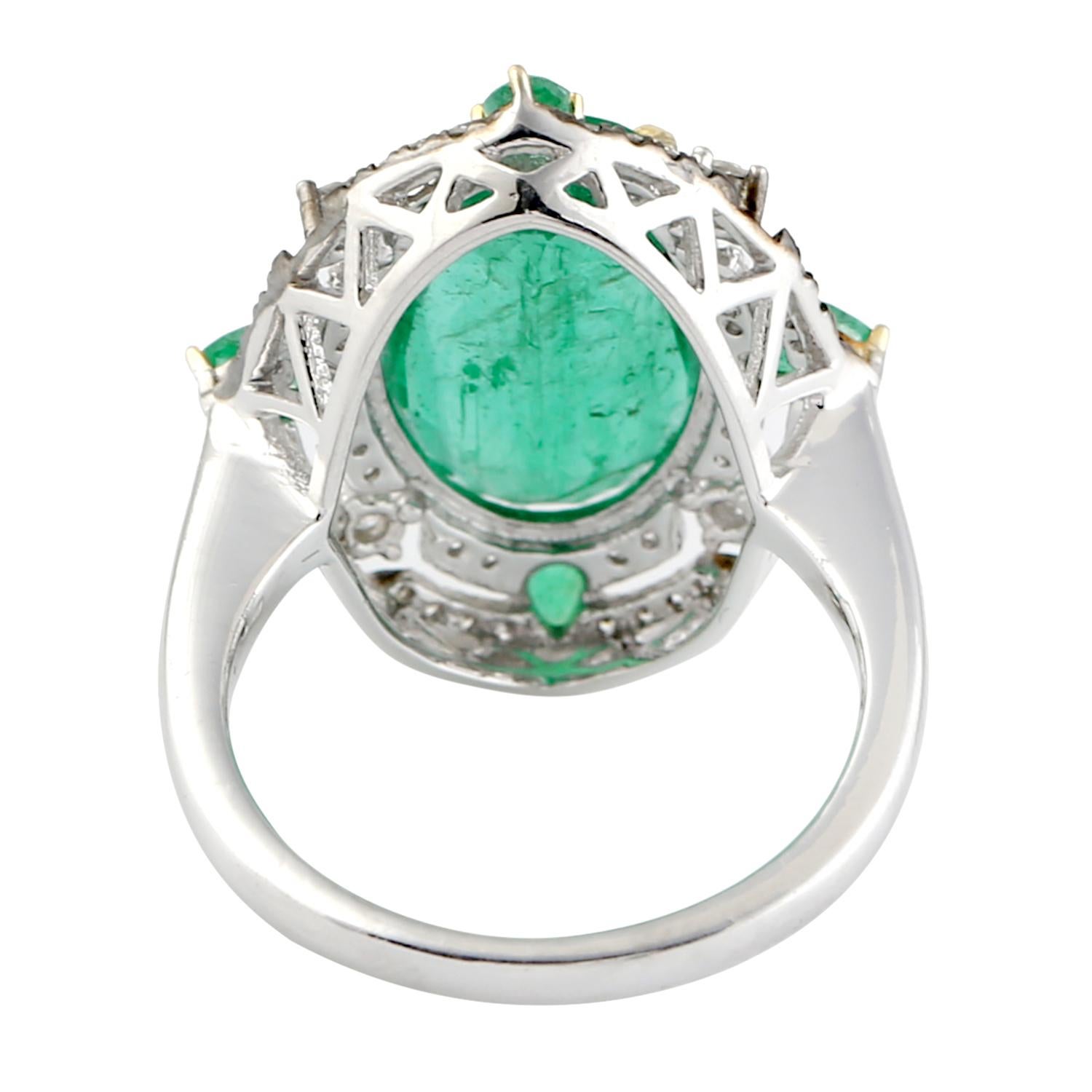 Modern Cocktail Slice Emerald Ring with Diamonds Set in 18 Karat White Gold