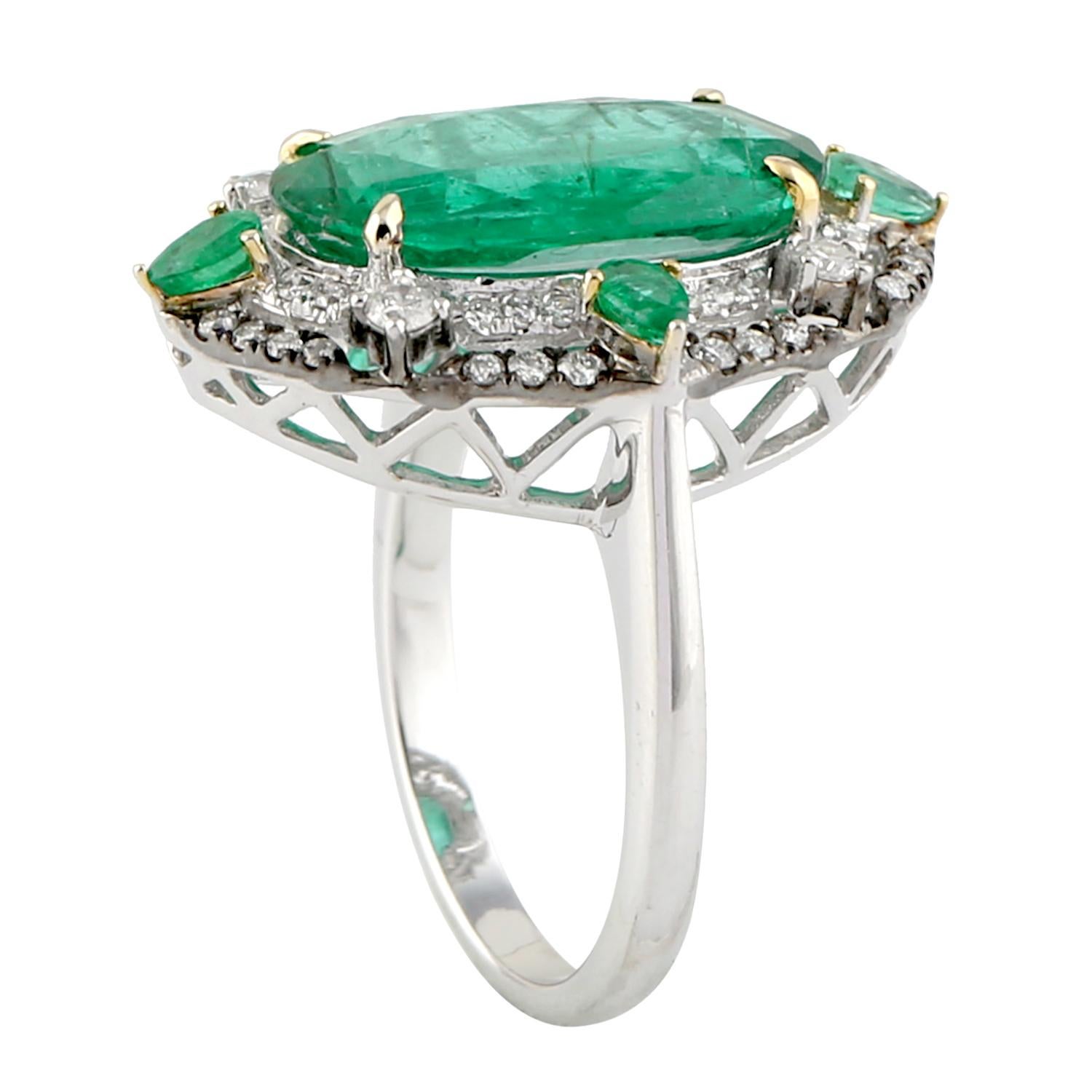Brilliant Cut Cocktail Slice Emerald Ring with Diamonds Set in 18 Karat White Gold