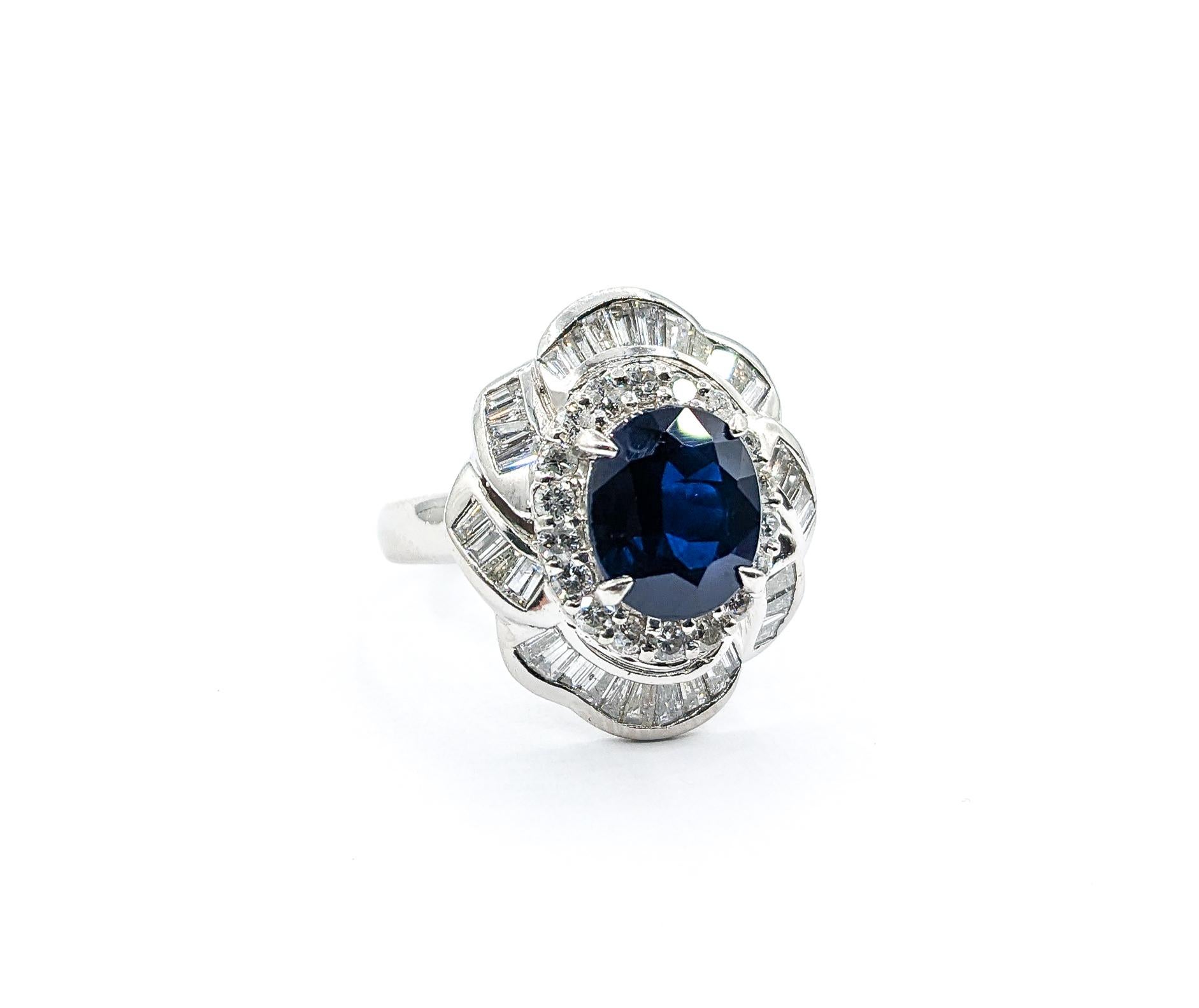Contemporary 2.83ct Sapphire & 1.21ctw Diamond Halo Cocktail Ring In Platinum For Sale