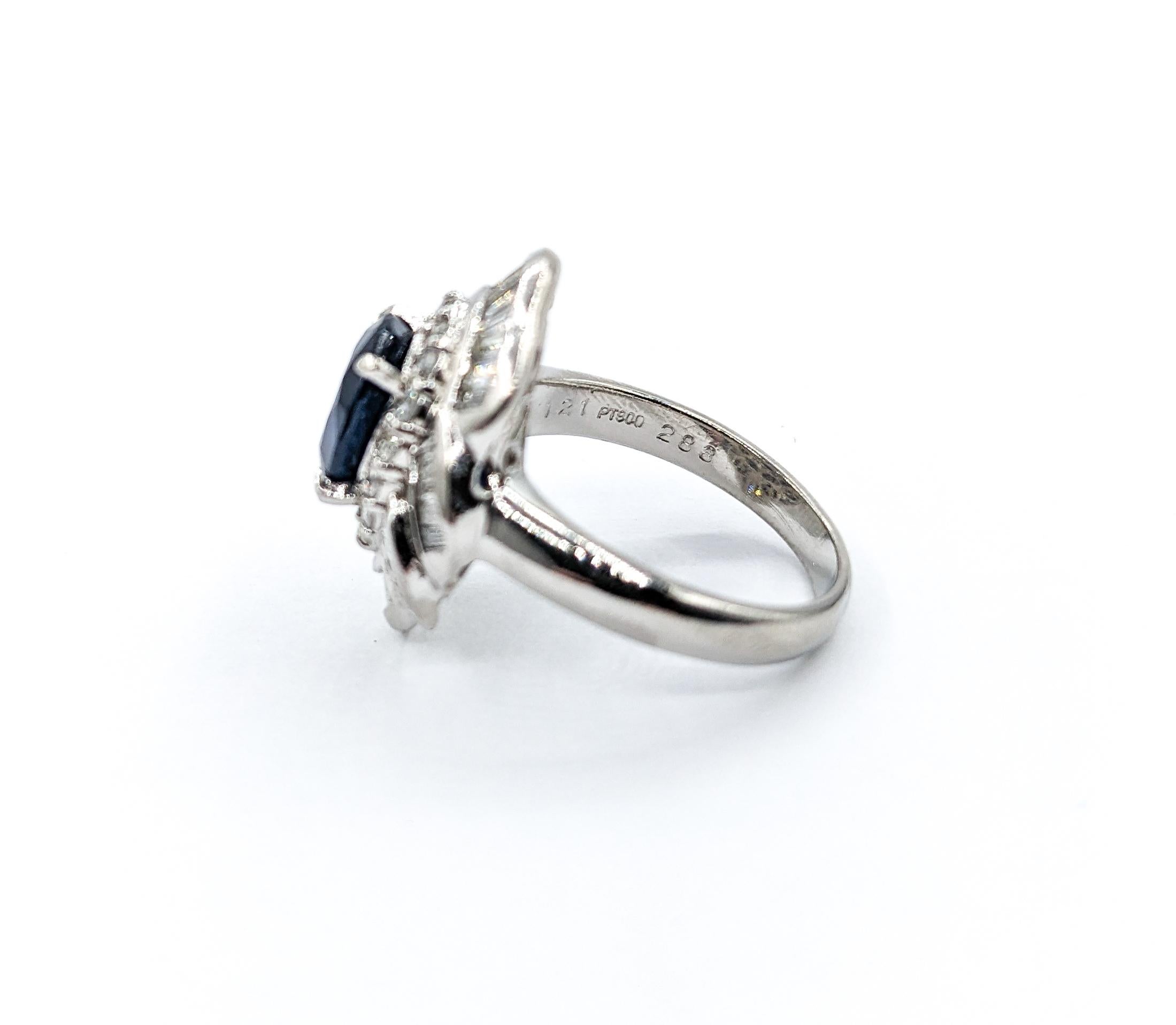 2.83ct Sapphire & 1.21ctw Diamond Halo Cocktail Ring In Platinum For Sale 4