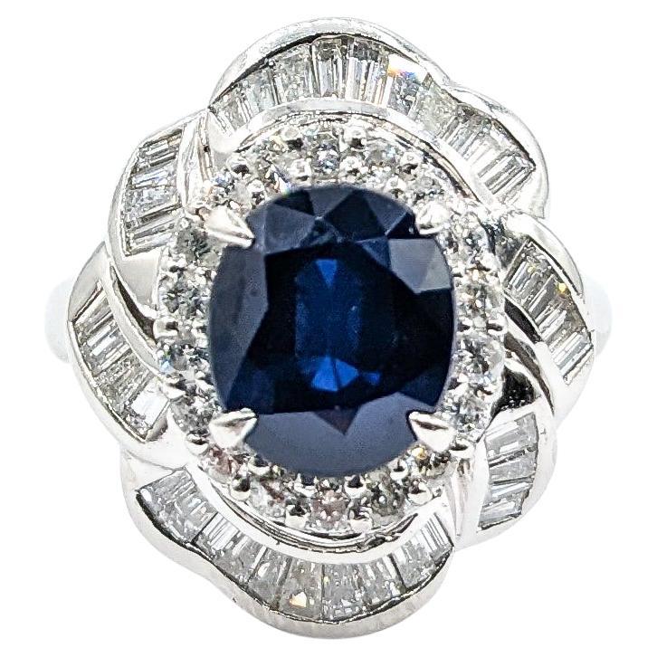 2.83ct Sapphire & 1.21ctw Diamond Halo Cocktail Ring In Platinum For Sale