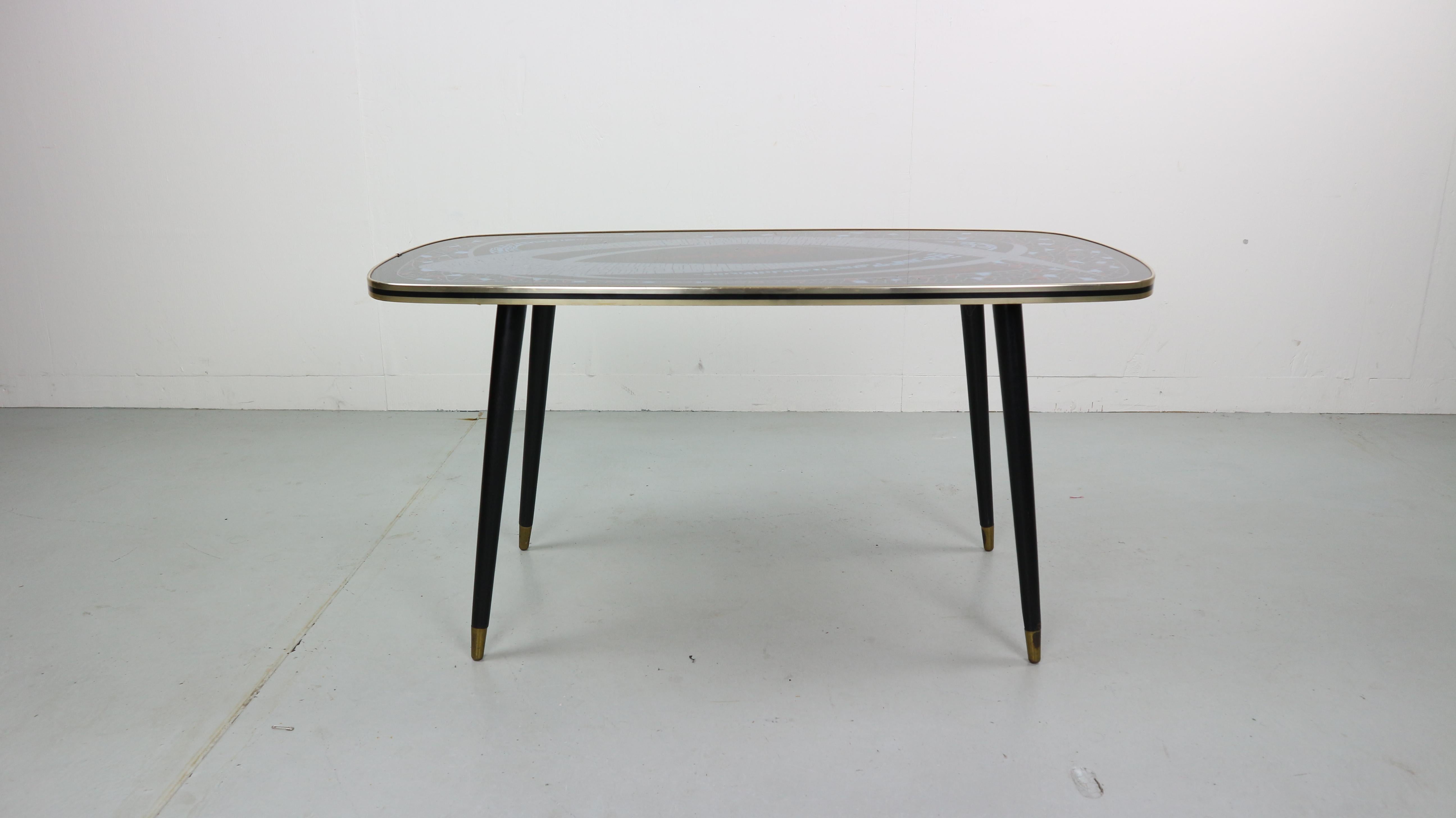 French Cocktail Table 1950s Atomic Graphic Design Tabletop and Brass Feet