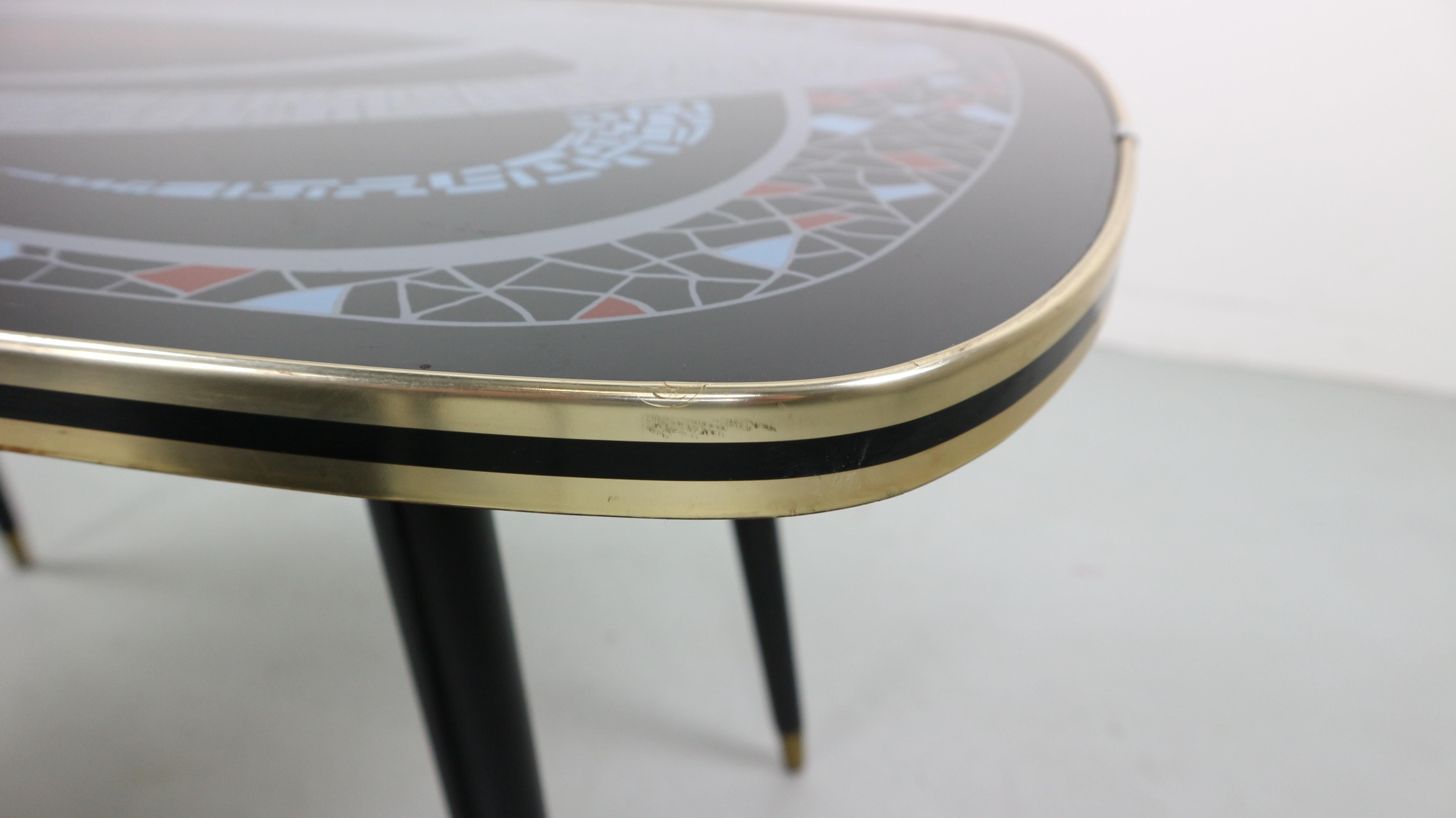 Cocktail Table 1950s Atomic Graphic Design Tabletop and Brass Feet 1